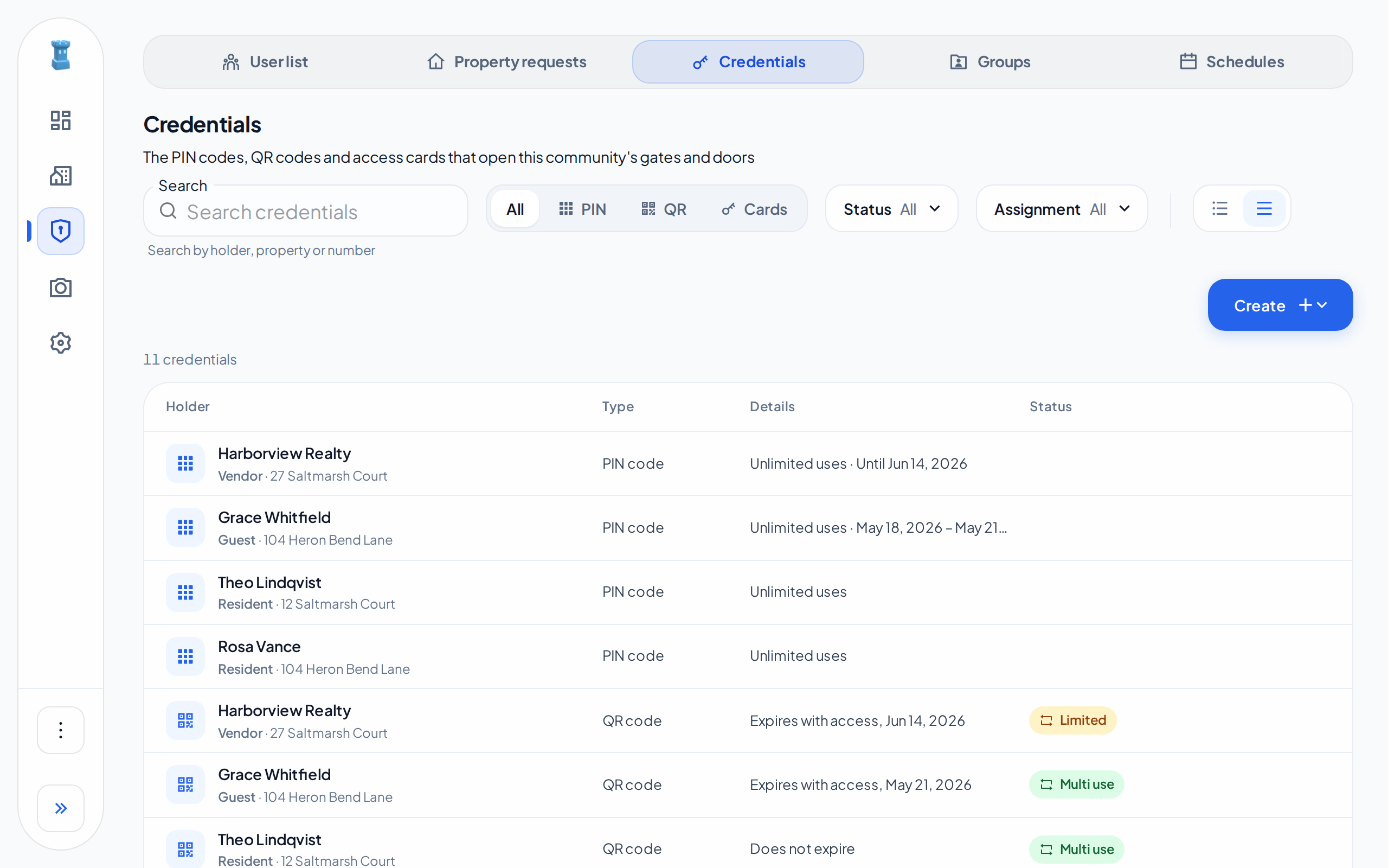 The Credentials list, with PIN and QR code rows, and the Create button