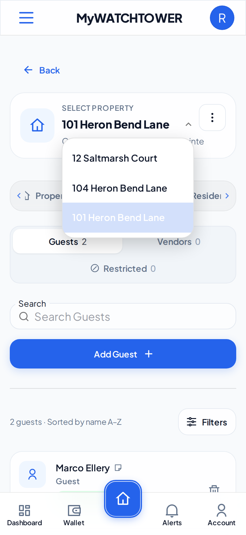 The property page of 101 Heron Bend Lane on a phone, with the Select Property list open and three properties in it