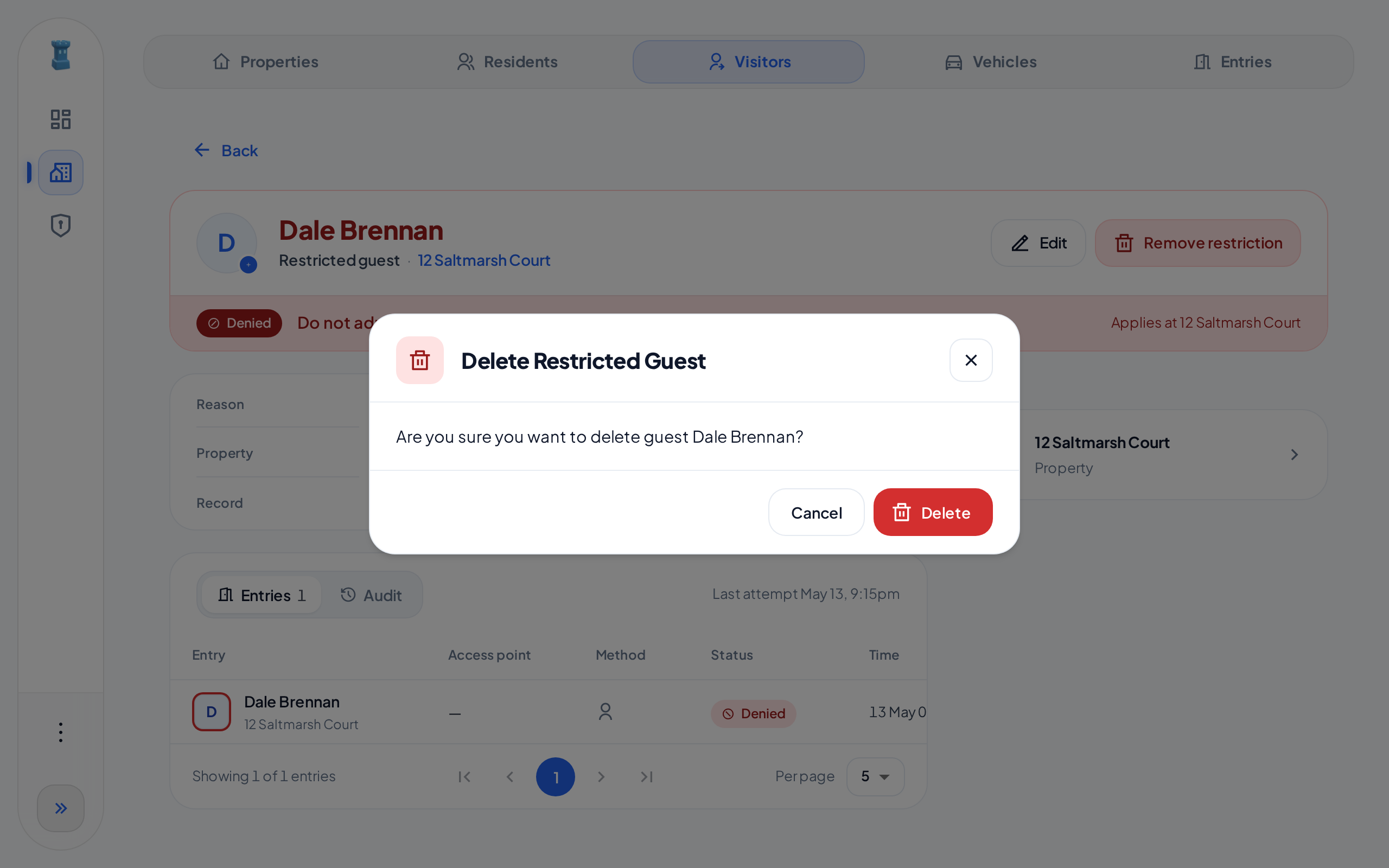 The Delete Restricted Guest dialog for Dale Brennan, open on the page of the guest