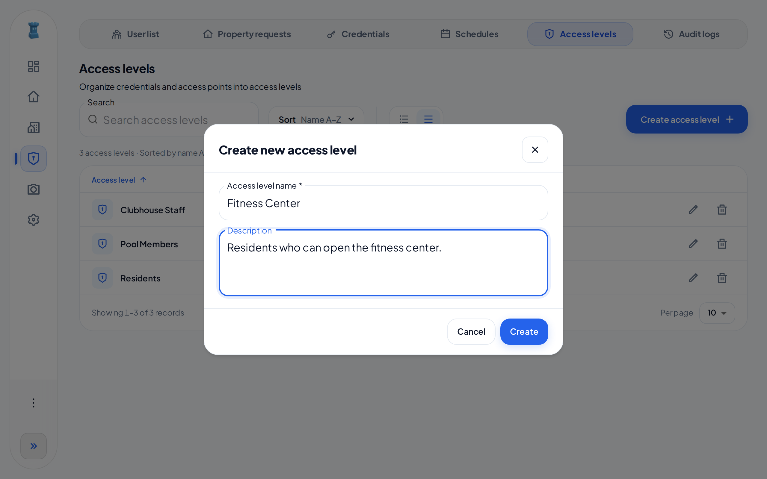 The Create new access level dialog. The Access level name is Fitness Center, and the Description says who can open the fitness center.