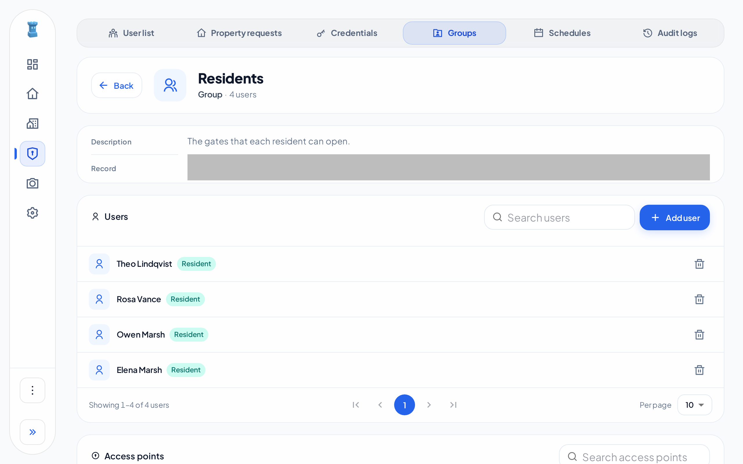 The page of the Residents group. It shows the description of the group and the Users list with four residents.