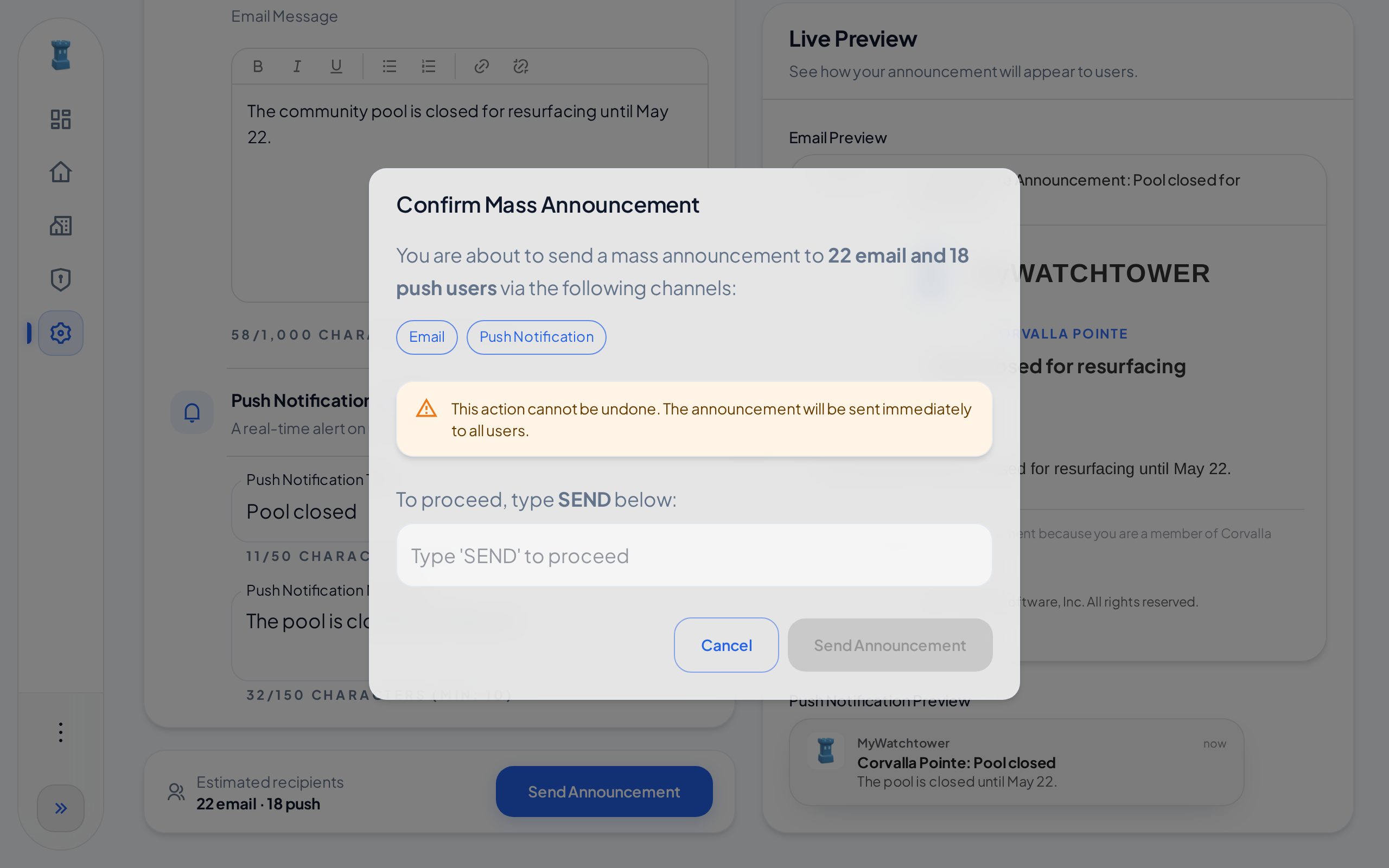 The Confirm Mass Announcement dialog, with the number of users, the channels, the warning and the SEND field