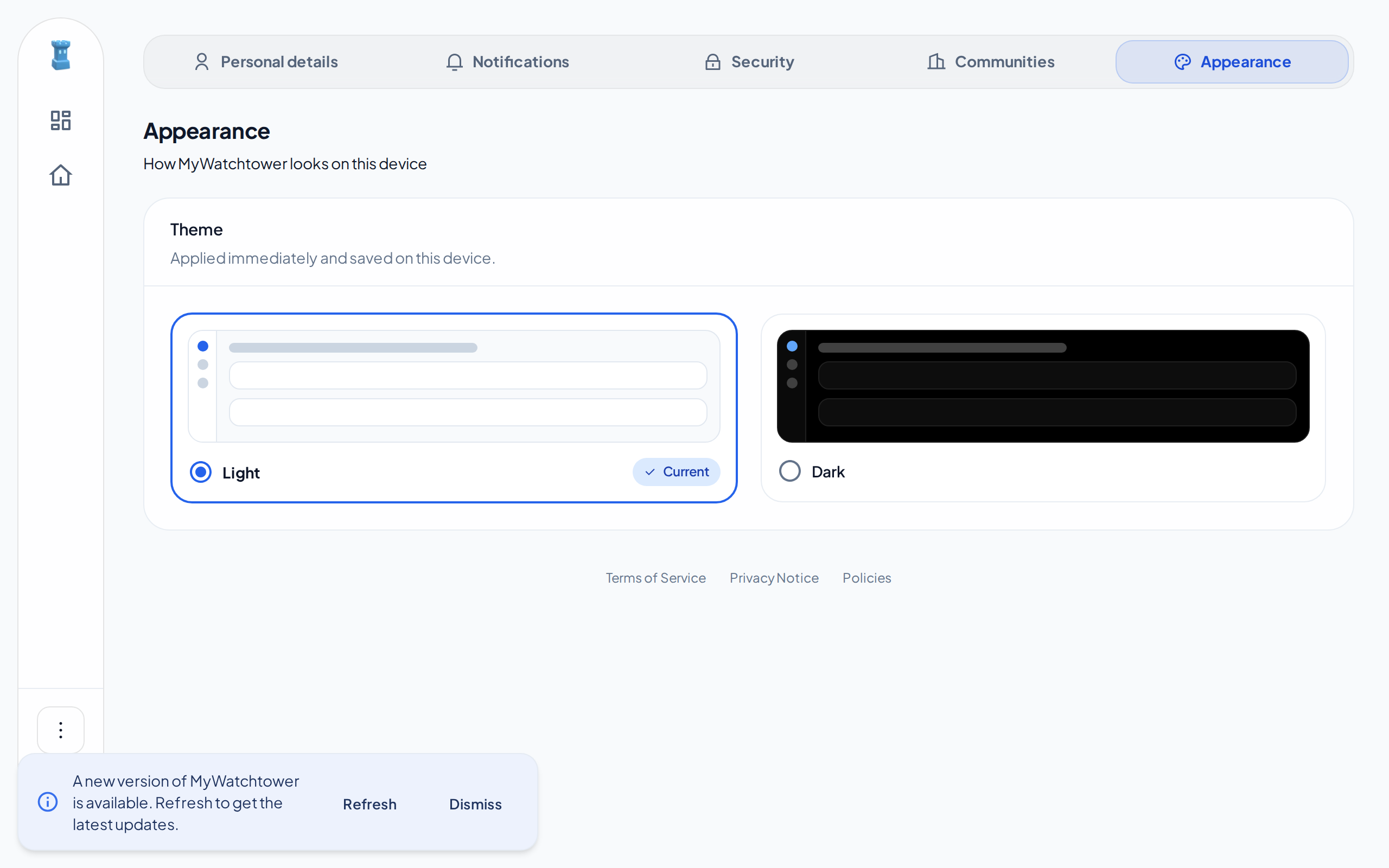 The new version banner of the web app, with the Refresh and Dismiss buttons