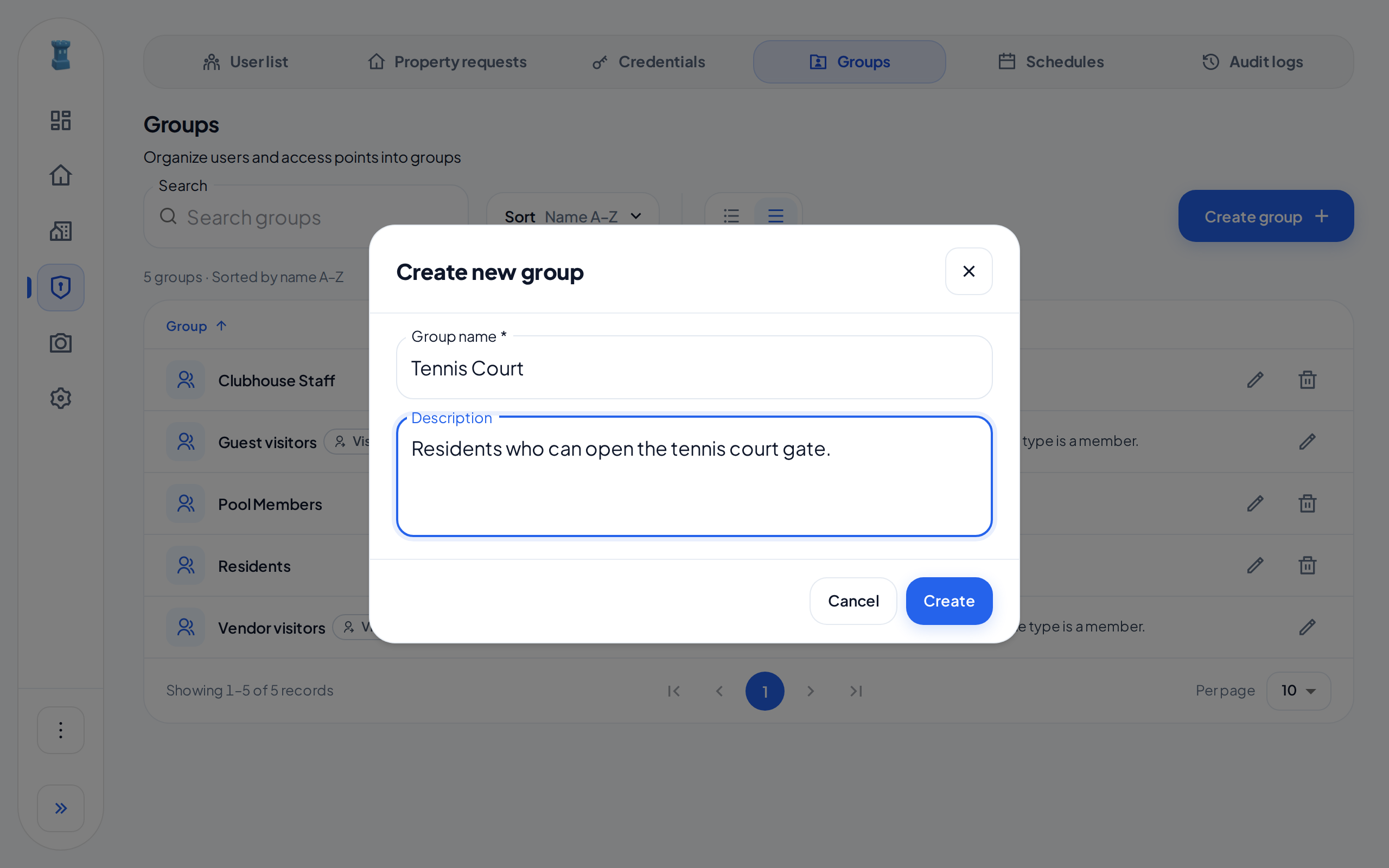 The Create new group dialog with the name Tennis Court and a description.
