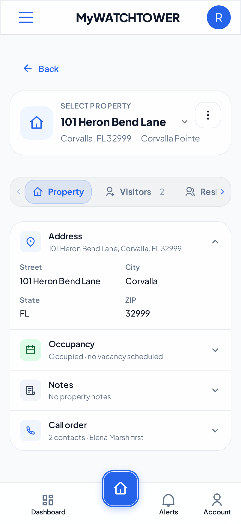 The top of the property page on a phone, with Select Property, the address 101 Heron Bend Lane, the tab strip and the open Address section