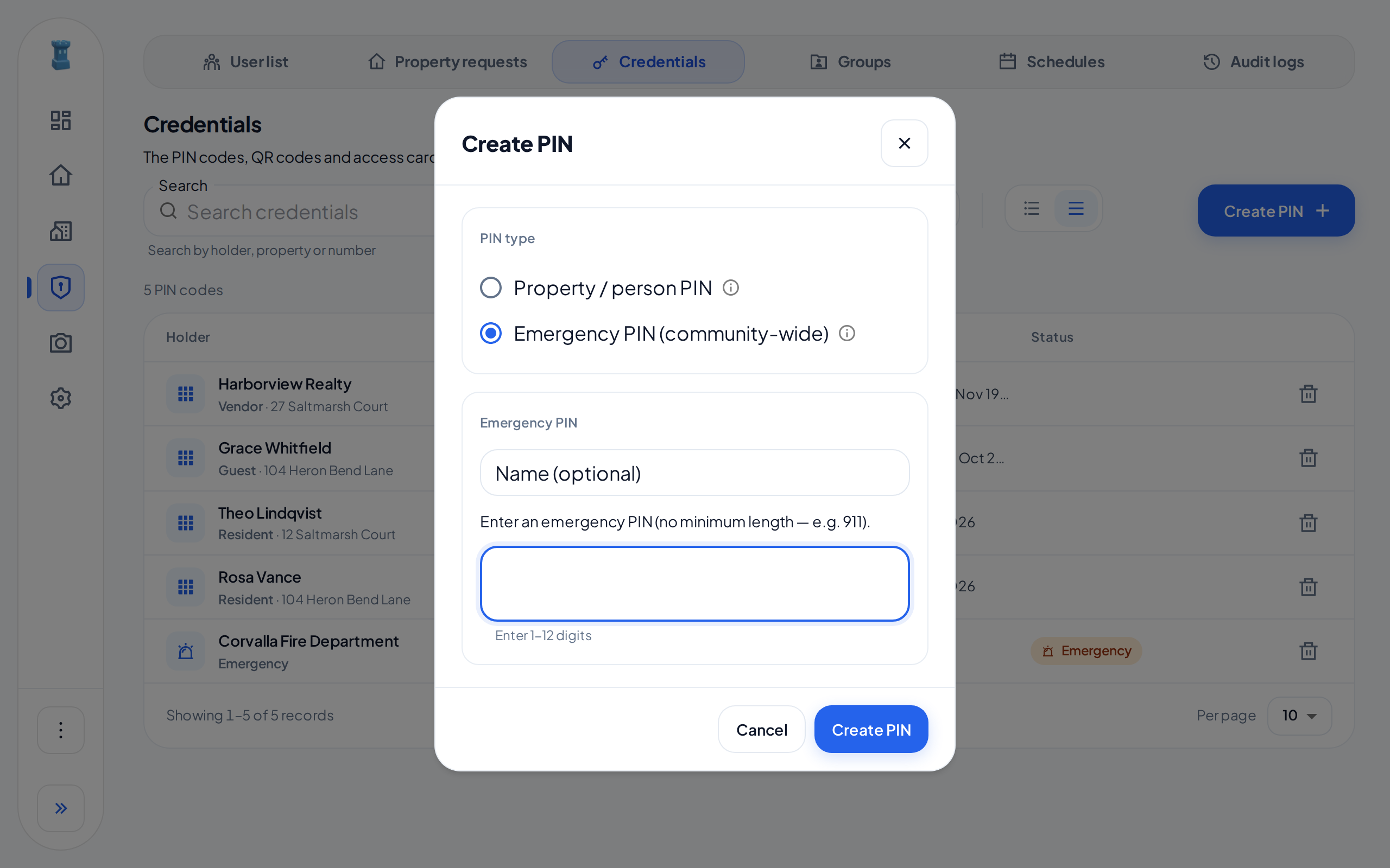 The Create PIN dialog for an Admin. Emergency PIN (community-wide) is selected, and the dialog shows the Name (optional) field and an empty code field.