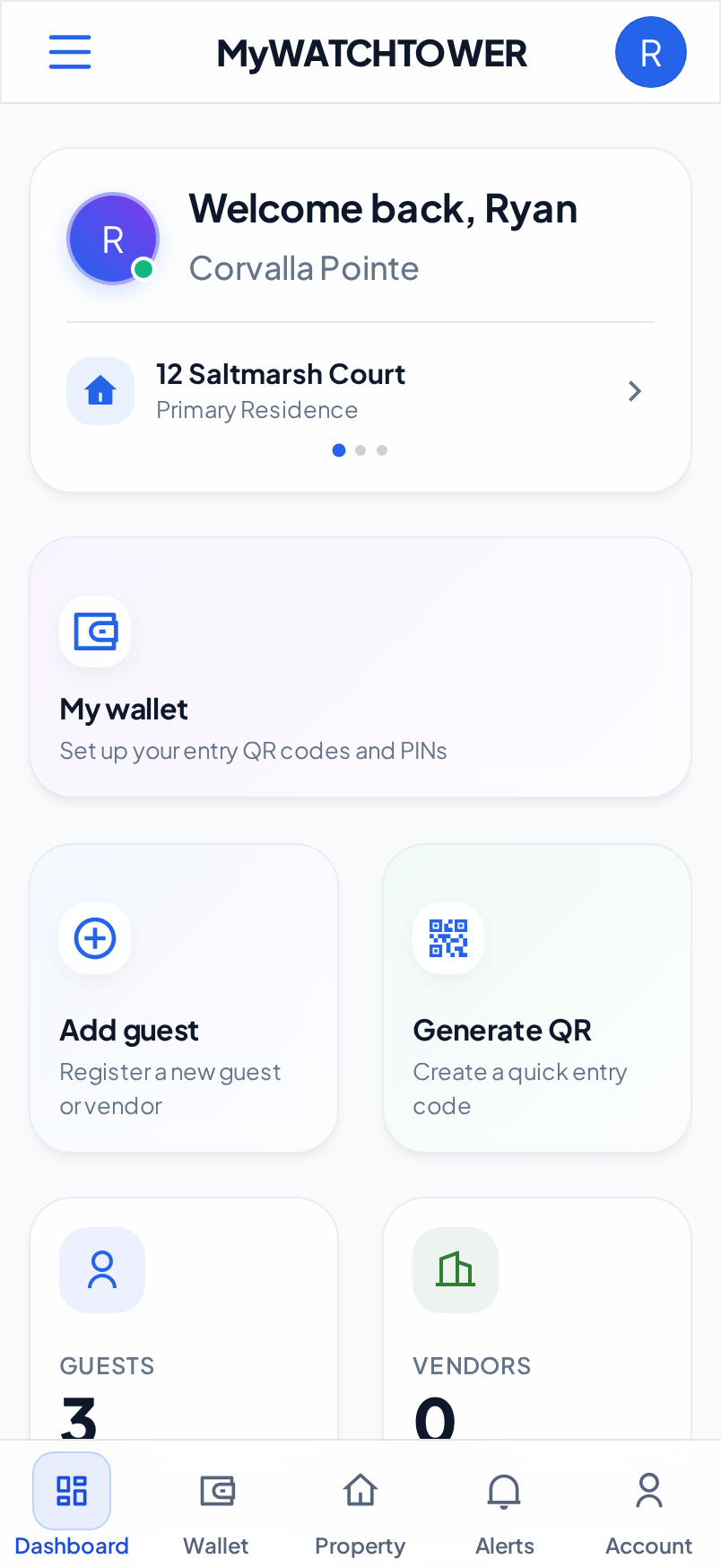 The resident dashboard on a phone, with the Add guest tile and the property of the resident