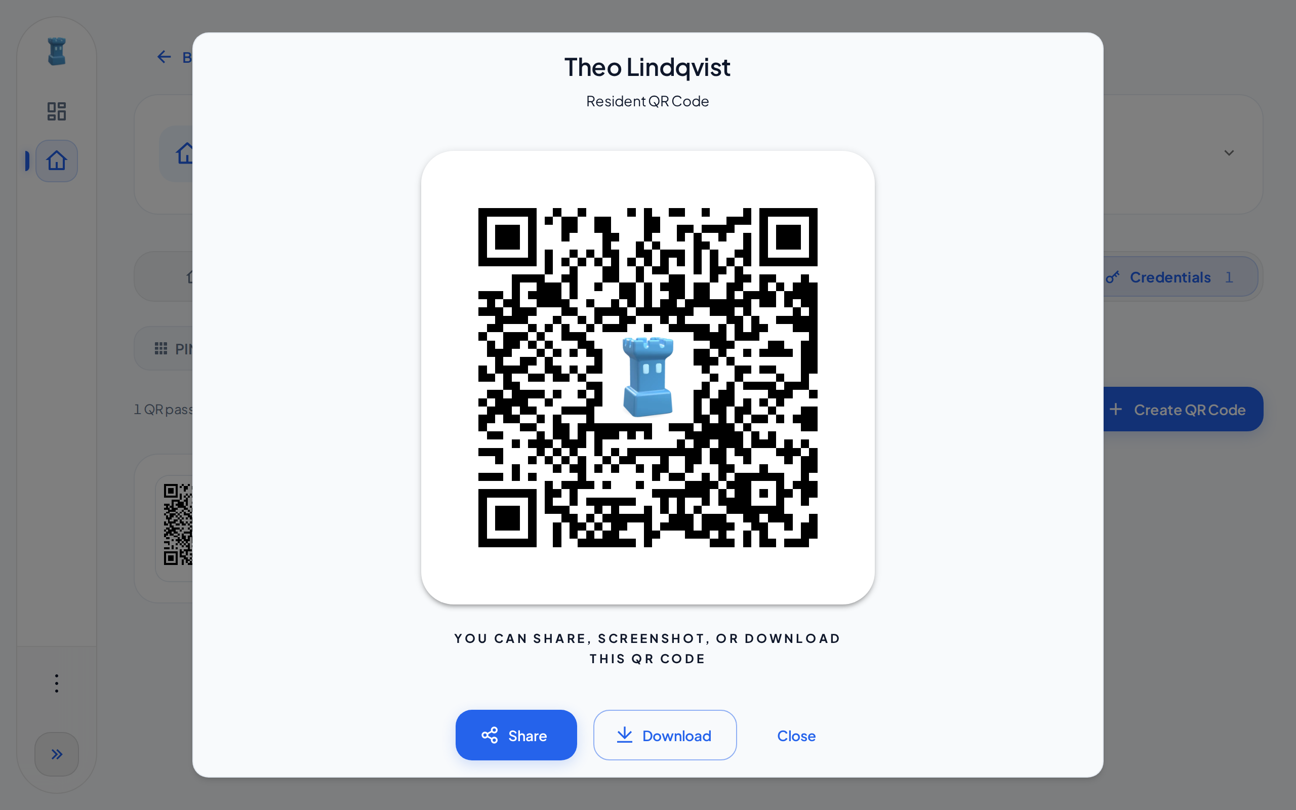 A QR code at full screen on a computer. The Share, Download and Close buttons are under the code.