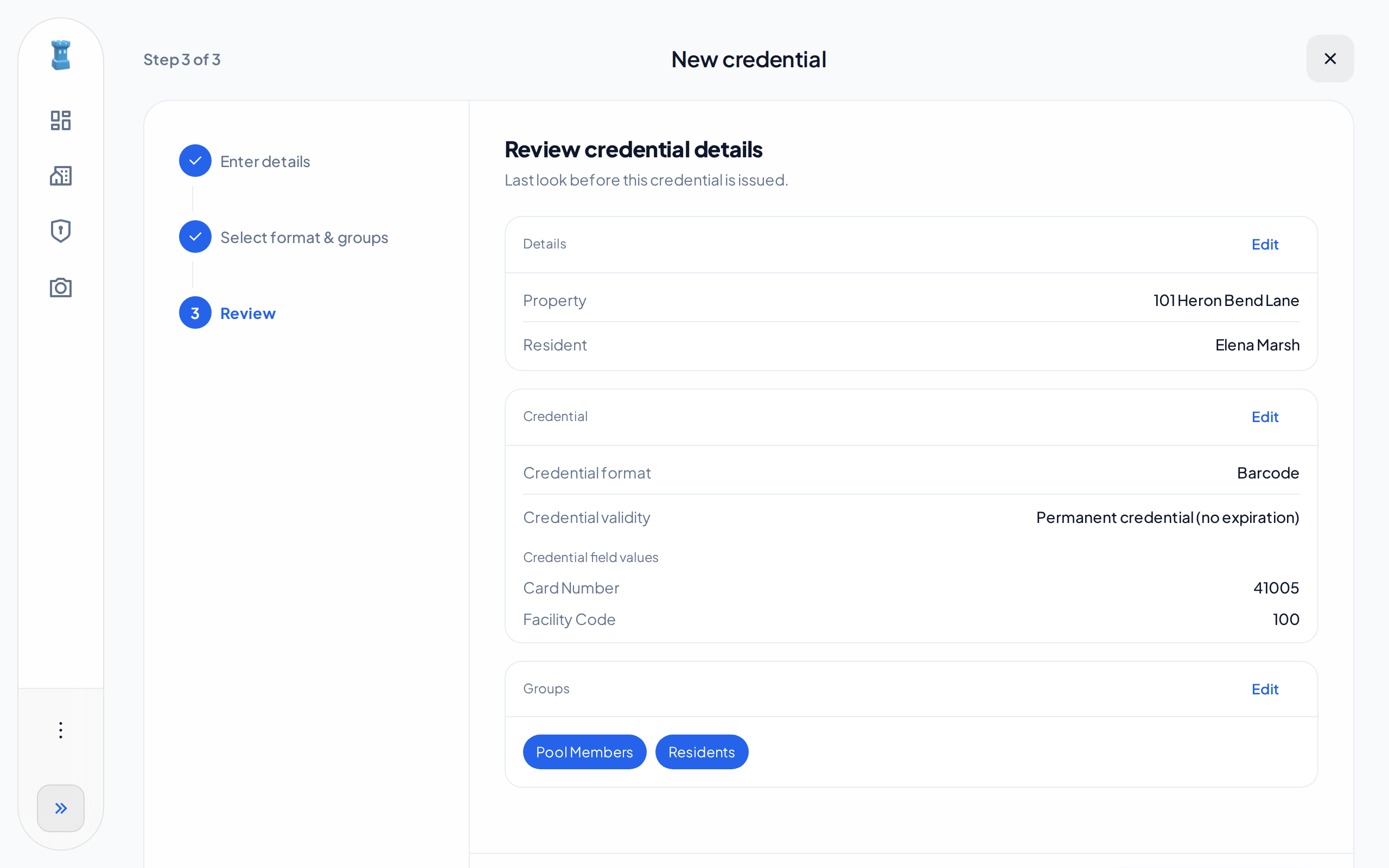 The Review step, with the Details, Credential and Groups cards