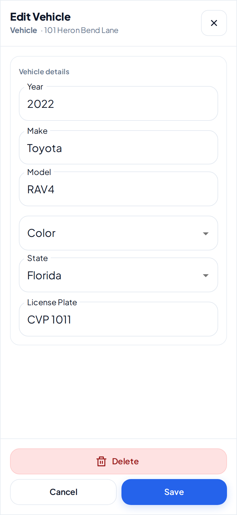 The Edit Vehicle dialog on a phone, with the year, make, model, state and plate of a 2022 Toyota RAV4