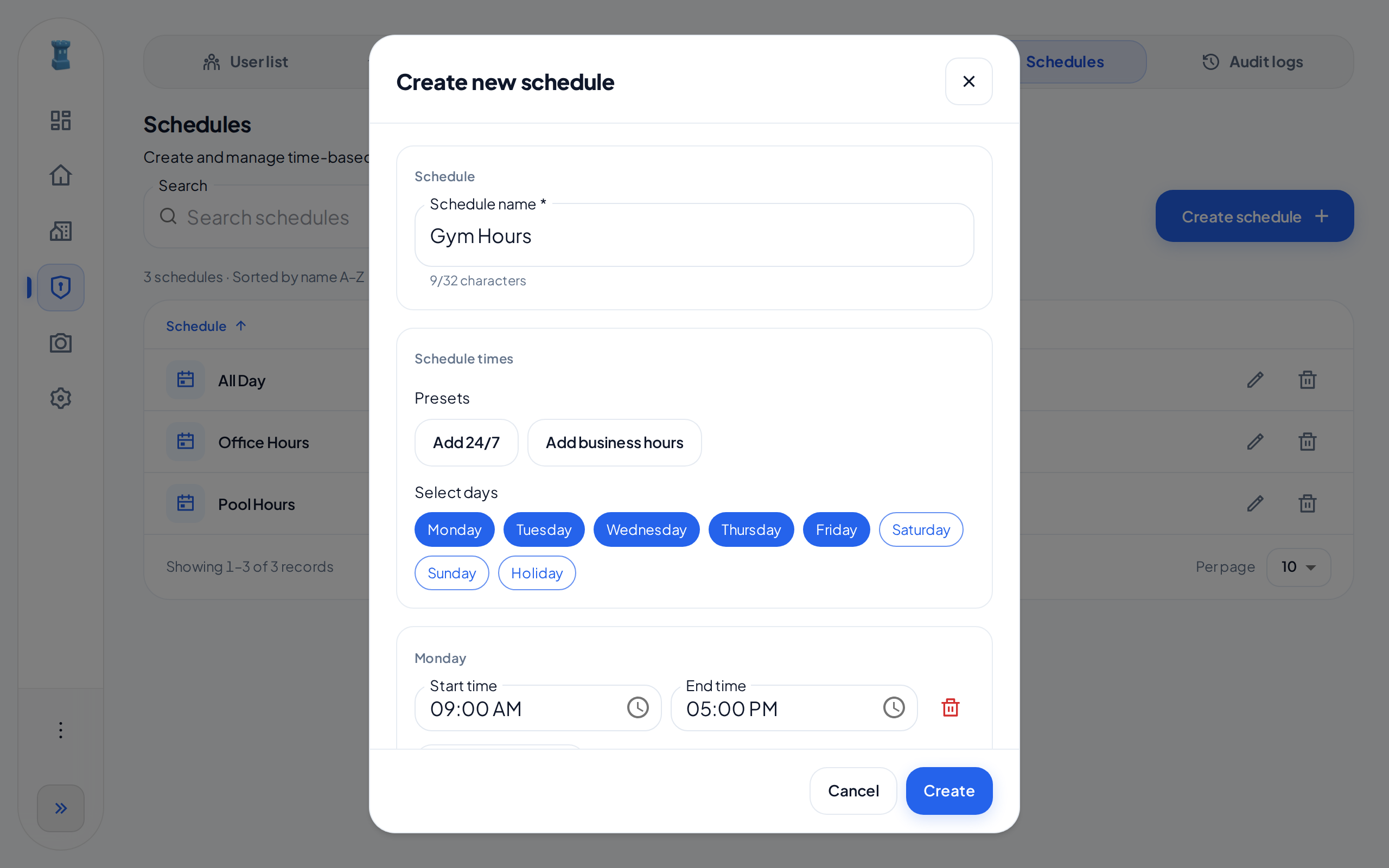 The Create new schedule dialog with the name Gym Hours and the Add business hours preset. Monday to Friday are selected, and Monday runs from 09:00 AM to 05:00 PM.