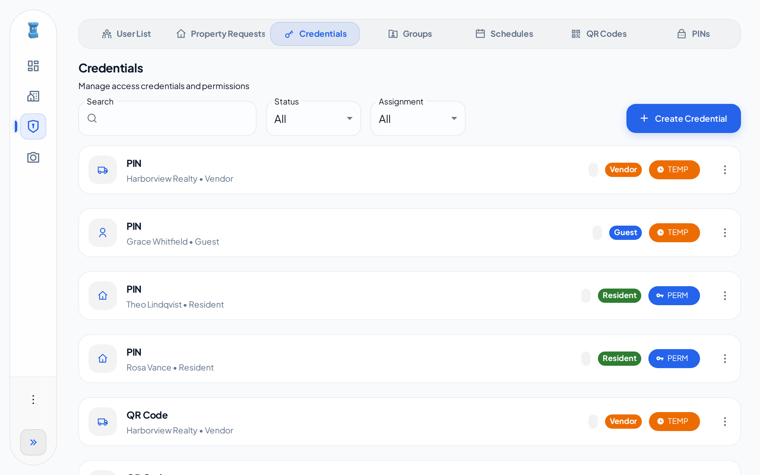 The Credentials page, with the Status and Assignment filters and a list of credentials
