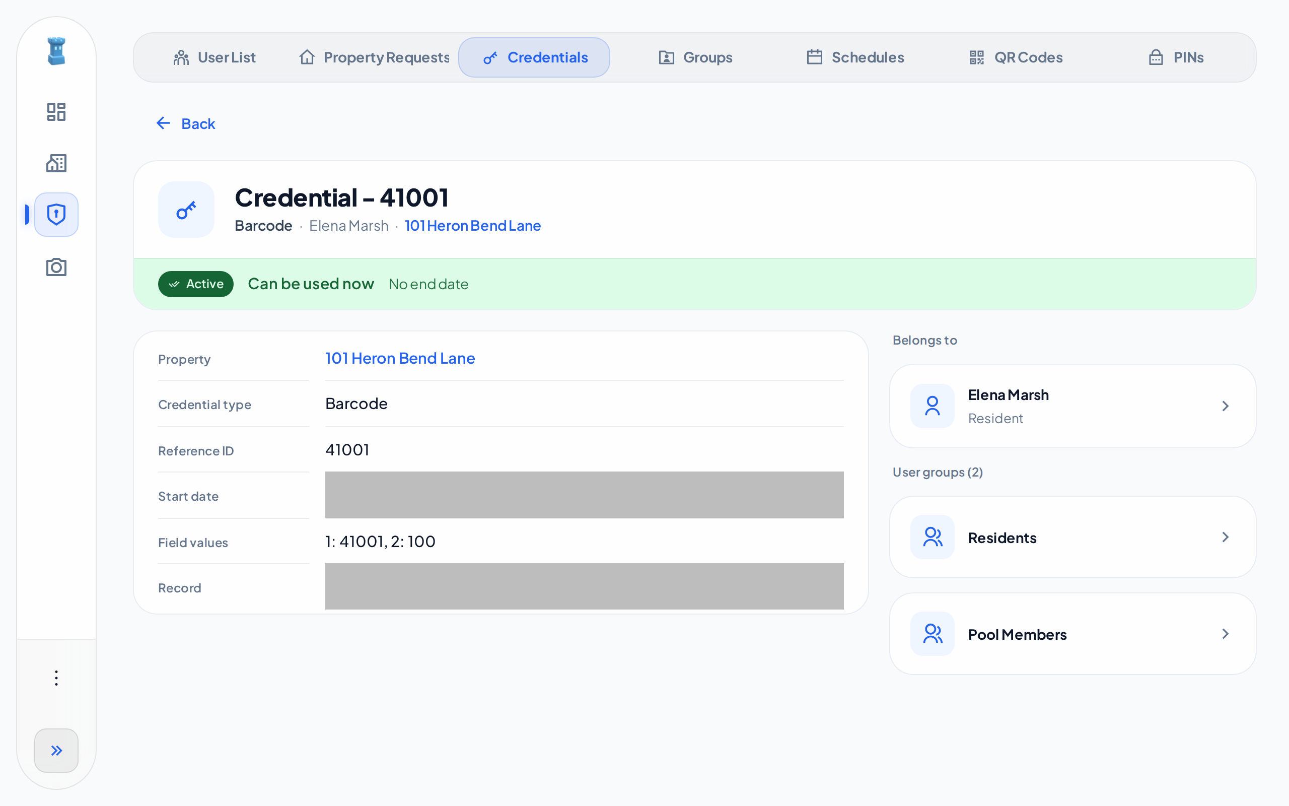 The page of credential 41001, with its status line, its facts, its holder and its two groups