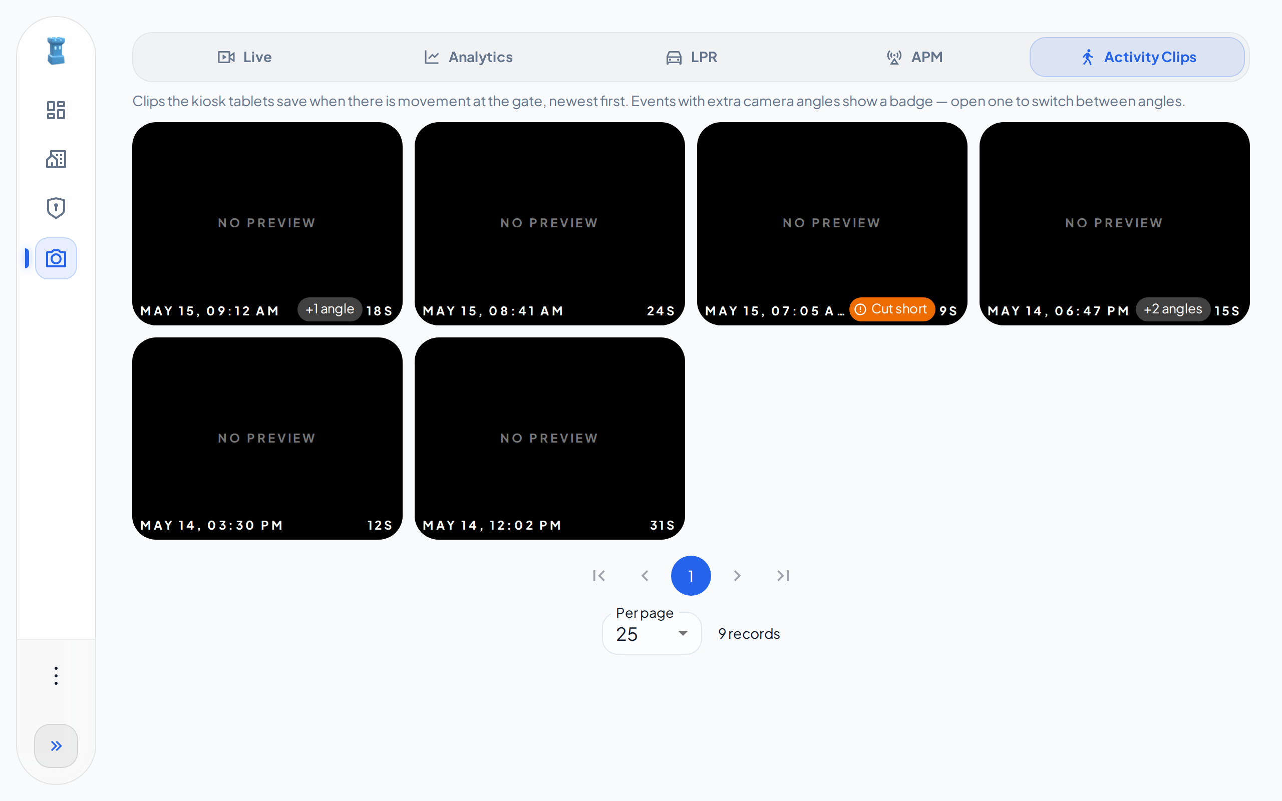 The Activity Clips tab on a computer, with six clip cards. Two cards show more camera angles and one card shows Cut short.