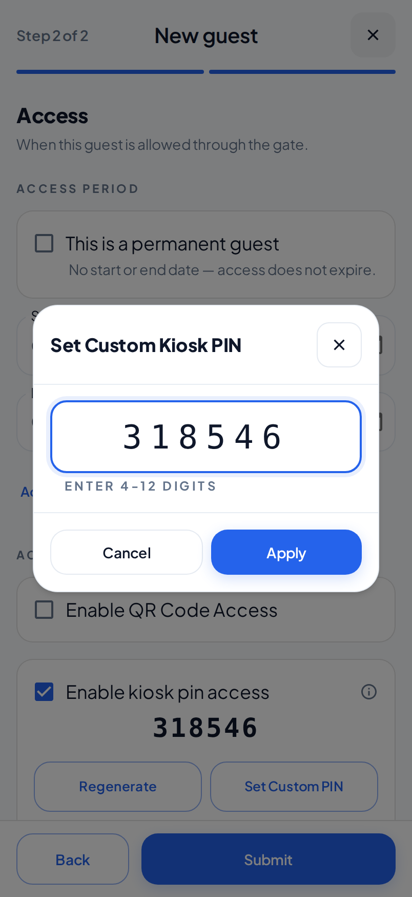The Set Custom Kiosk PIN dialog on a phone. The field shows the PIN, and the hint under it says Enter 4-12 digits.