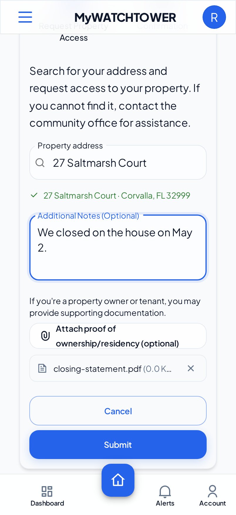 The Join Another Community form with an address selected, a note, one attached file and the Submit button