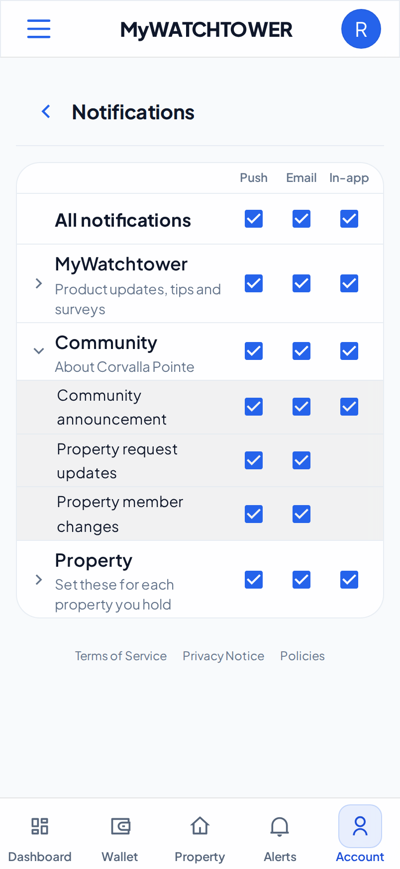 The Notifications section with the Community category open