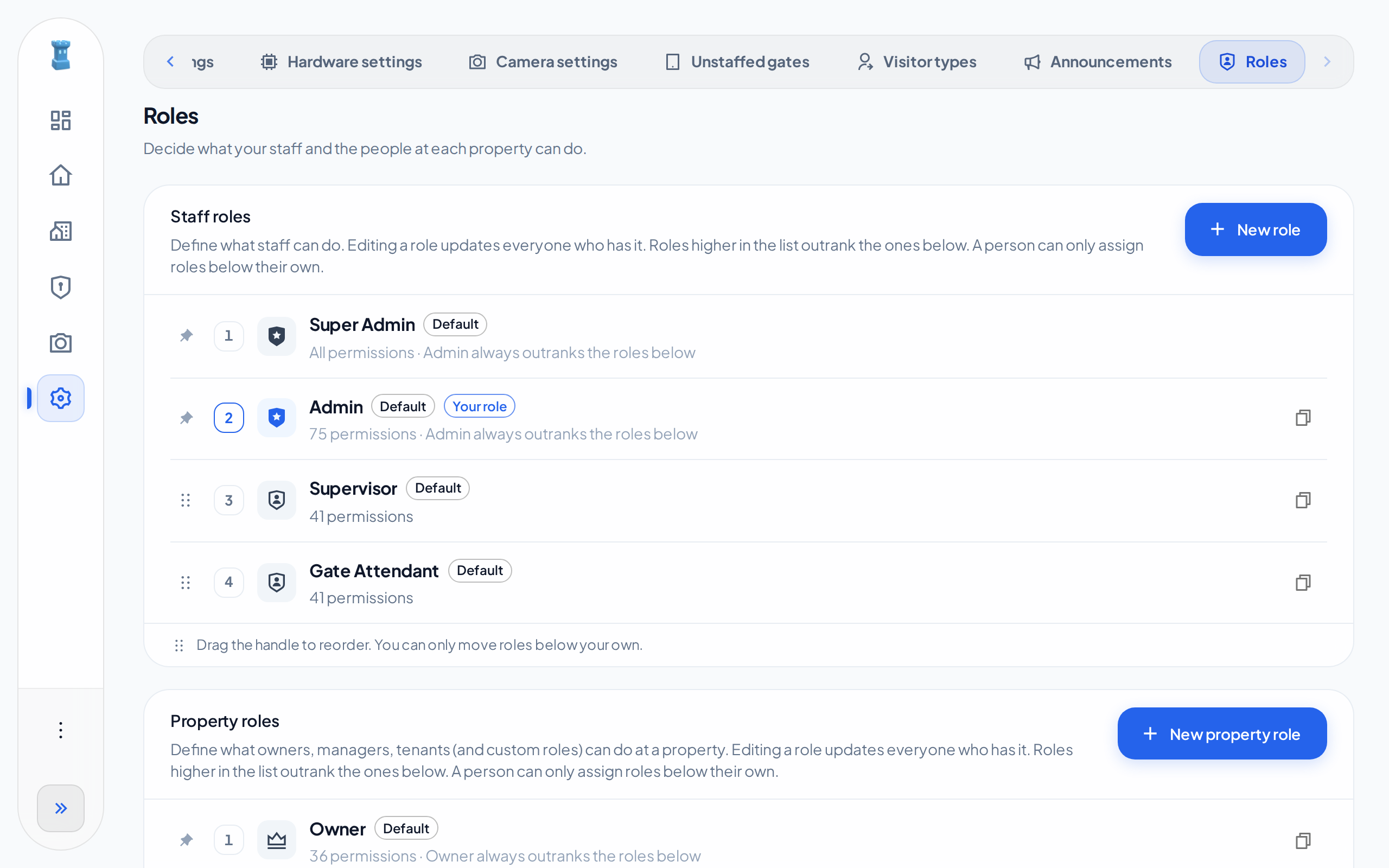 The Roles page with the Staff roles list and the New role button. The Property roles list and its New property role button are below.