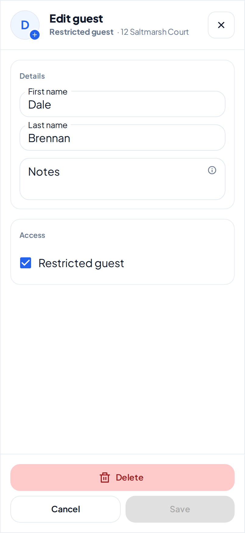 The Edit guest dialog of a restricted guest, with Restricted guest selected and Delete above Cancel and Save
