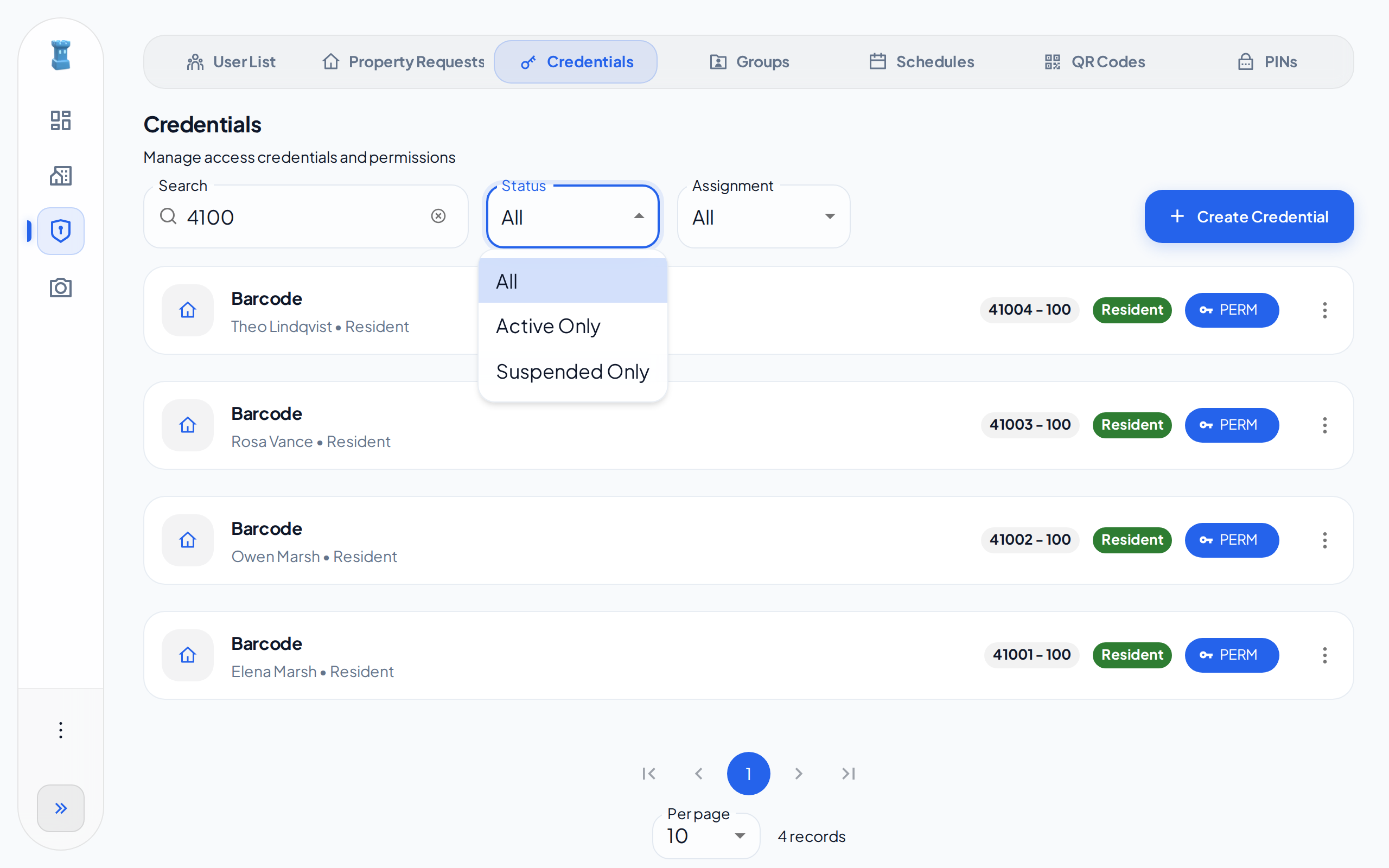 The Status filter, open, with the options All, Active Only and Suspended Only
