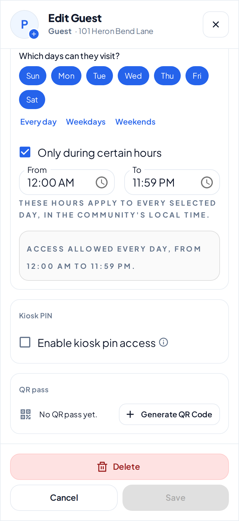Edit Guest for Priya Raman on a phone. The QR pass section shows No QR pass yet and the Generate QR Code button.