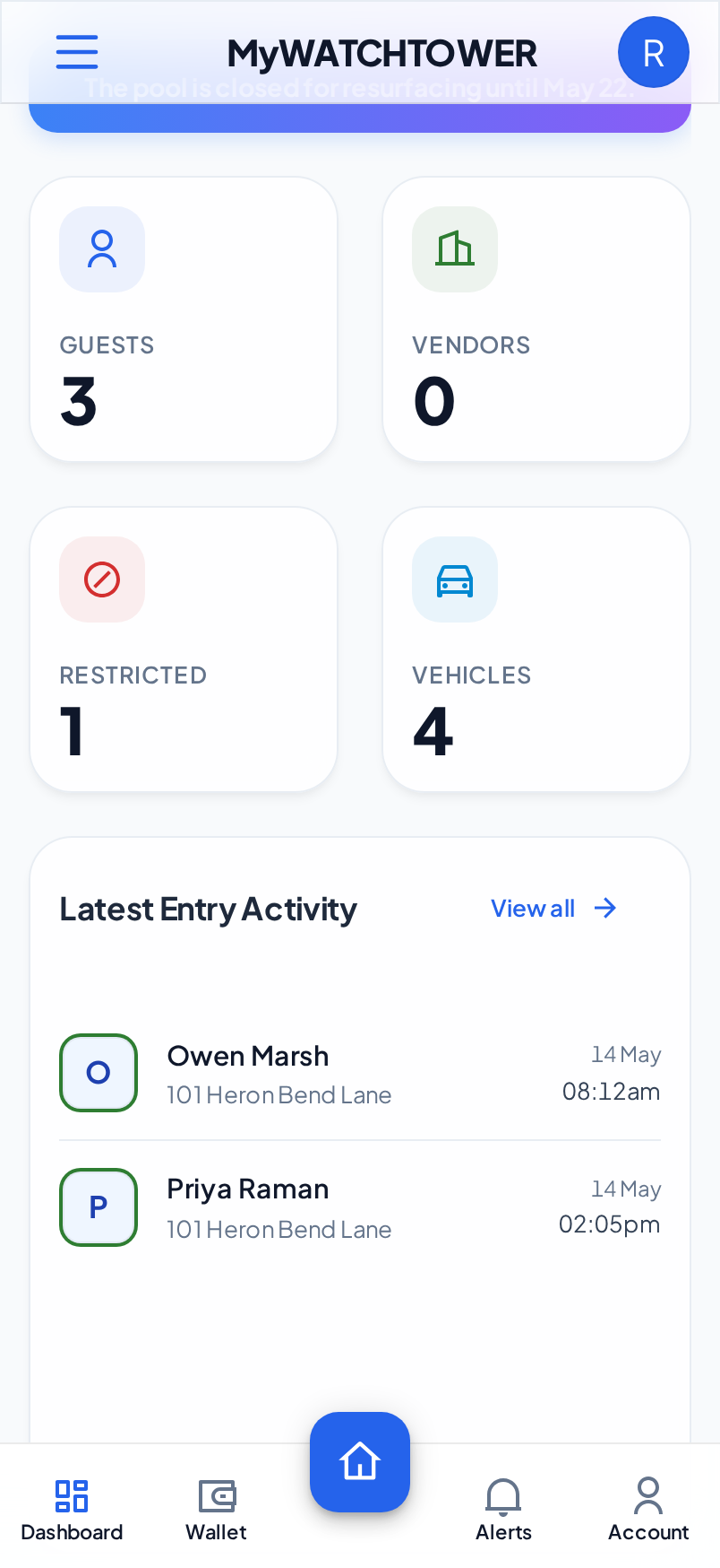 The lower part of the resident dashboard on a phone. The Guests, Vendors, Restricted and Vehicles tiles show their numbers, and the Latest Entry Activity list shows recent entries.