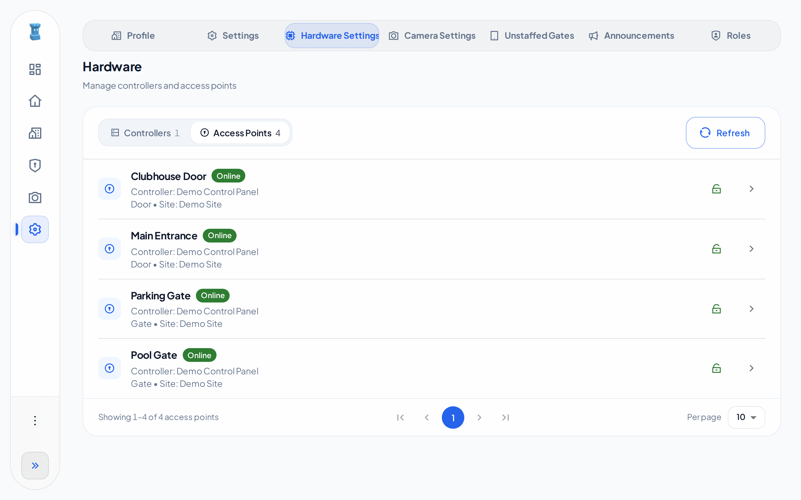 The Access Points tab, with four Brivo access points that are online