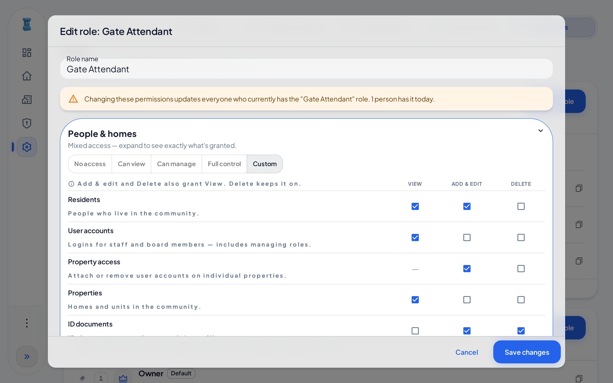 The Edit role dialog of the Gate Attendant role. The People & homes card is open and shows the View, Add & edit and Delete columns for each area.