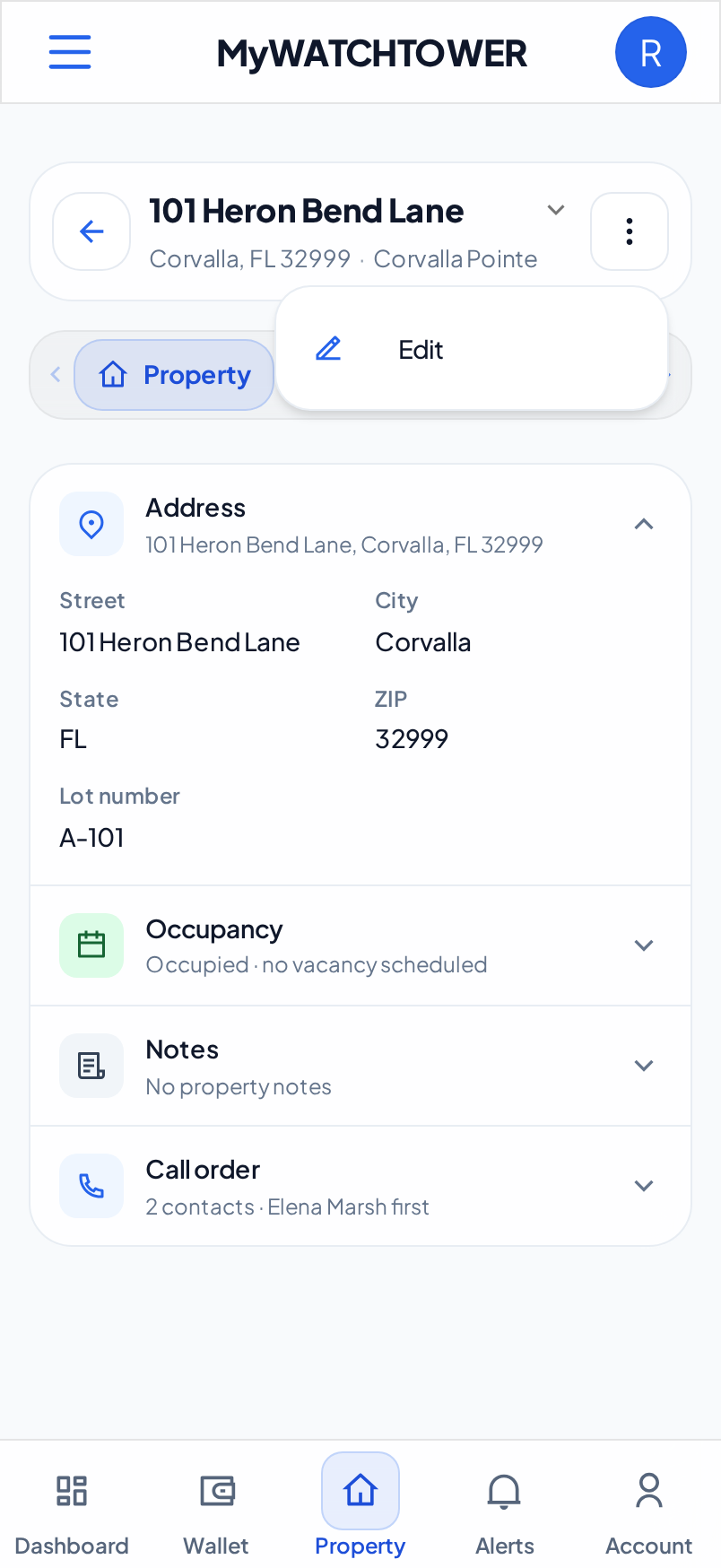 The Property actions menu on a phone, with the Edit item