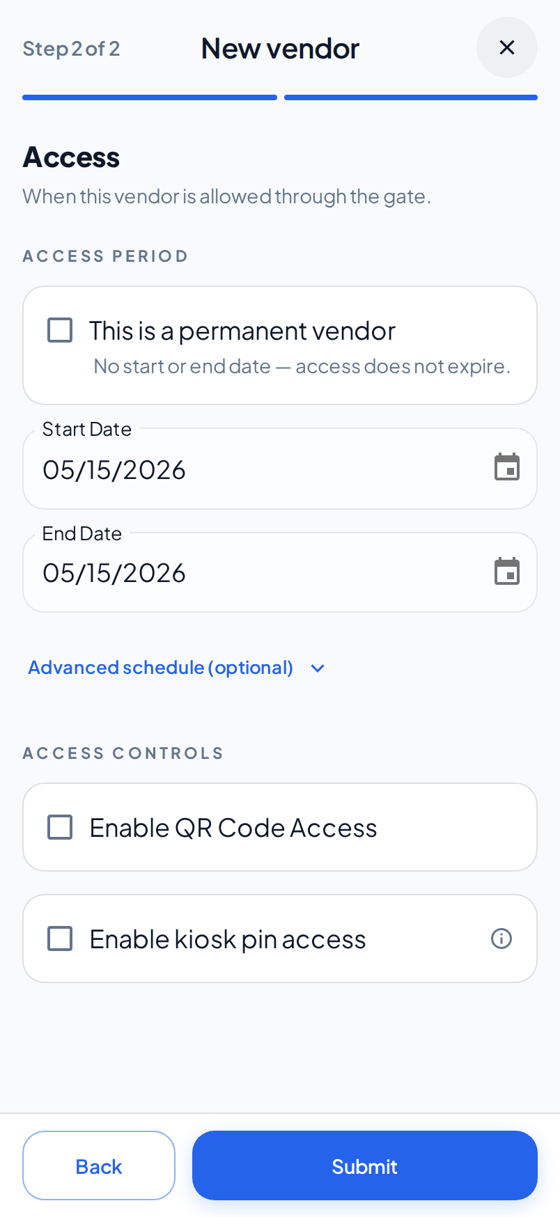 The Access step of the New vendor wizard on a phone, with This is a permanent vendor, the Start Date and End Date fields, Advanced schedule (optional), Enable QR Code Access and Enable kiosk pin access