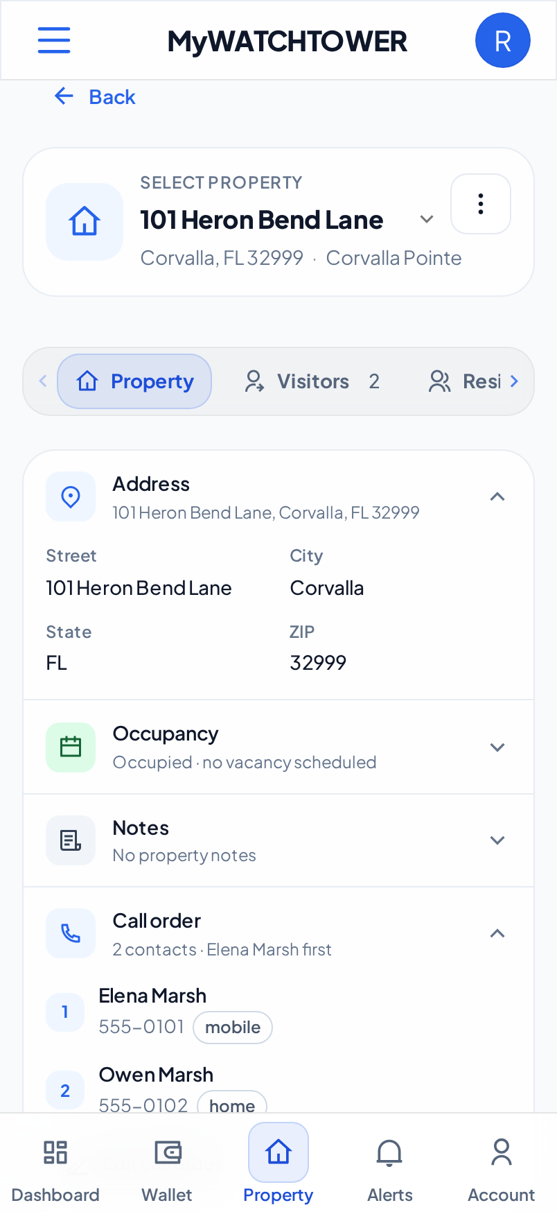 The section of a property on a phone that shows who the gate calls, with two contacts