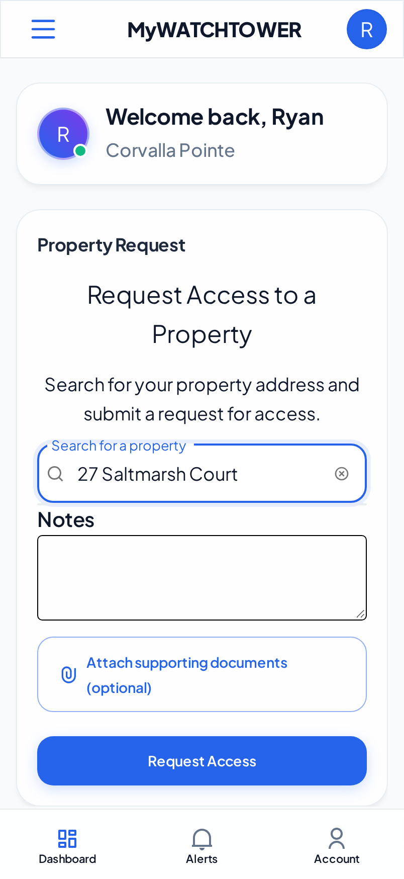The Property Request panel on the dashboard with an address selected and the Request Access button