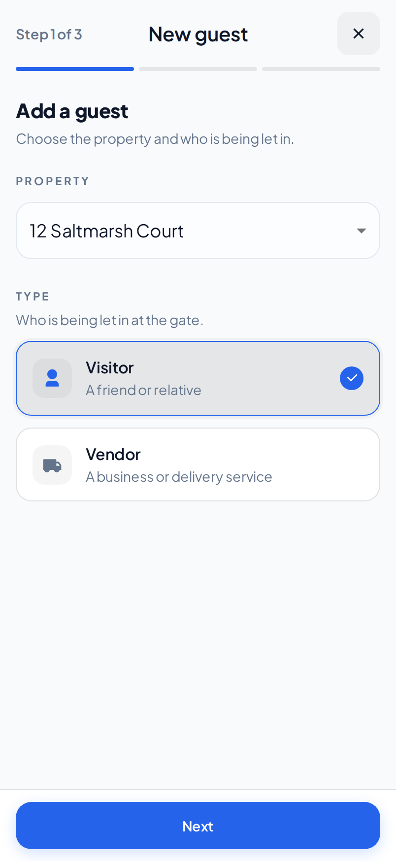 The Add a guest step of the guest wizard on a phone, with the Property field and the Visitor and Vendor cards