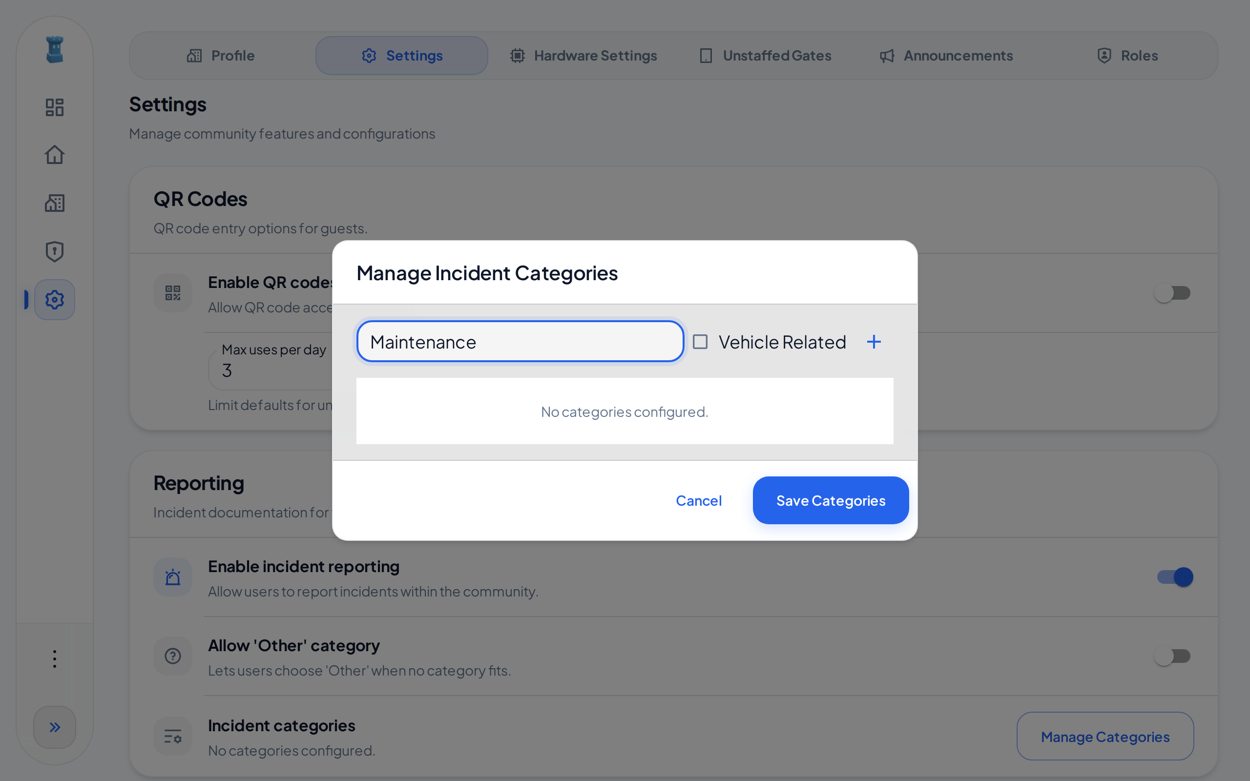 The Manage Incident Categories dialog, with the name Maintenance typed in the New category field