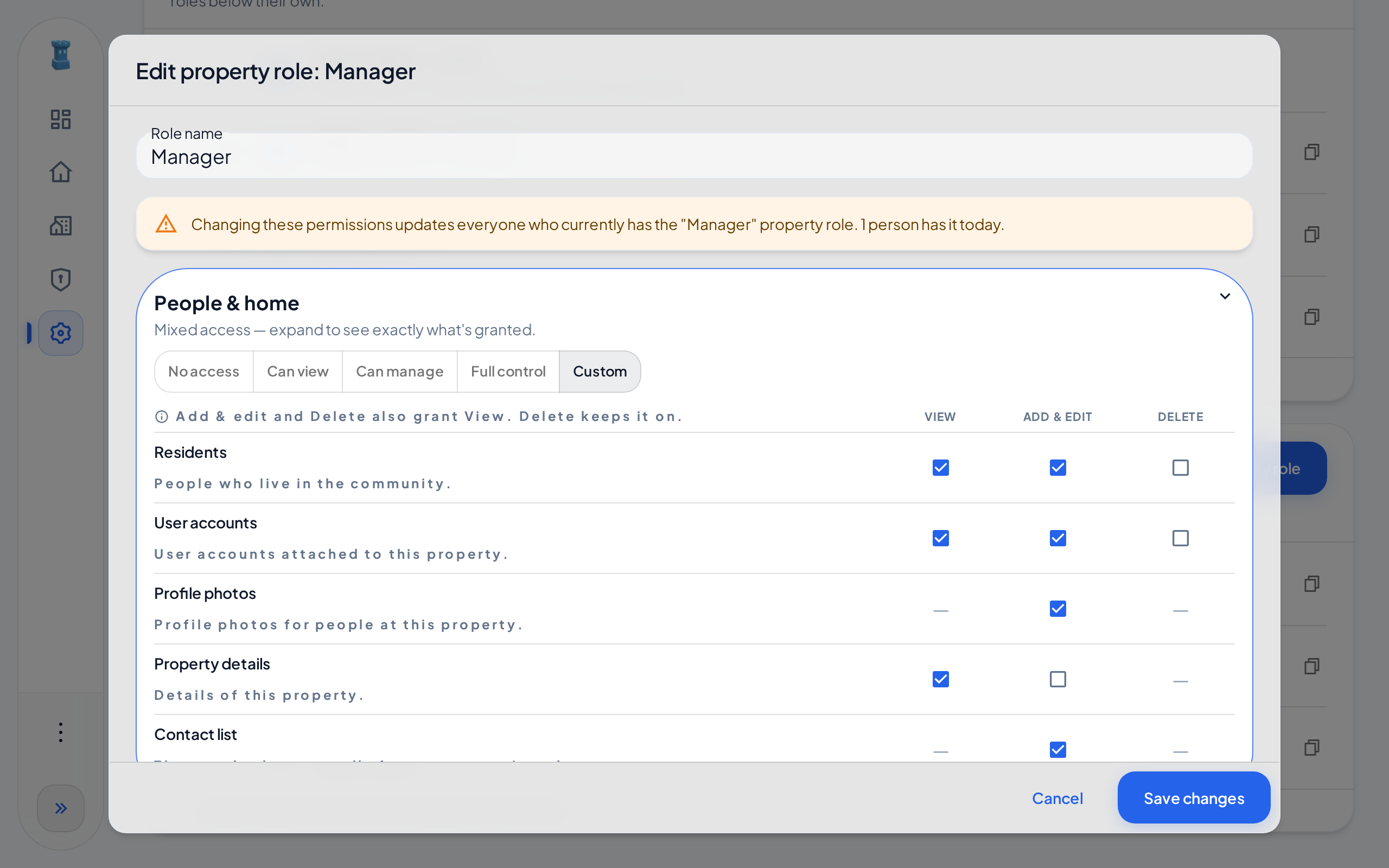The Edit property role dialog of the Manager role. The People & home card is open and shows the View, Add & edit and Delete columns for each area.