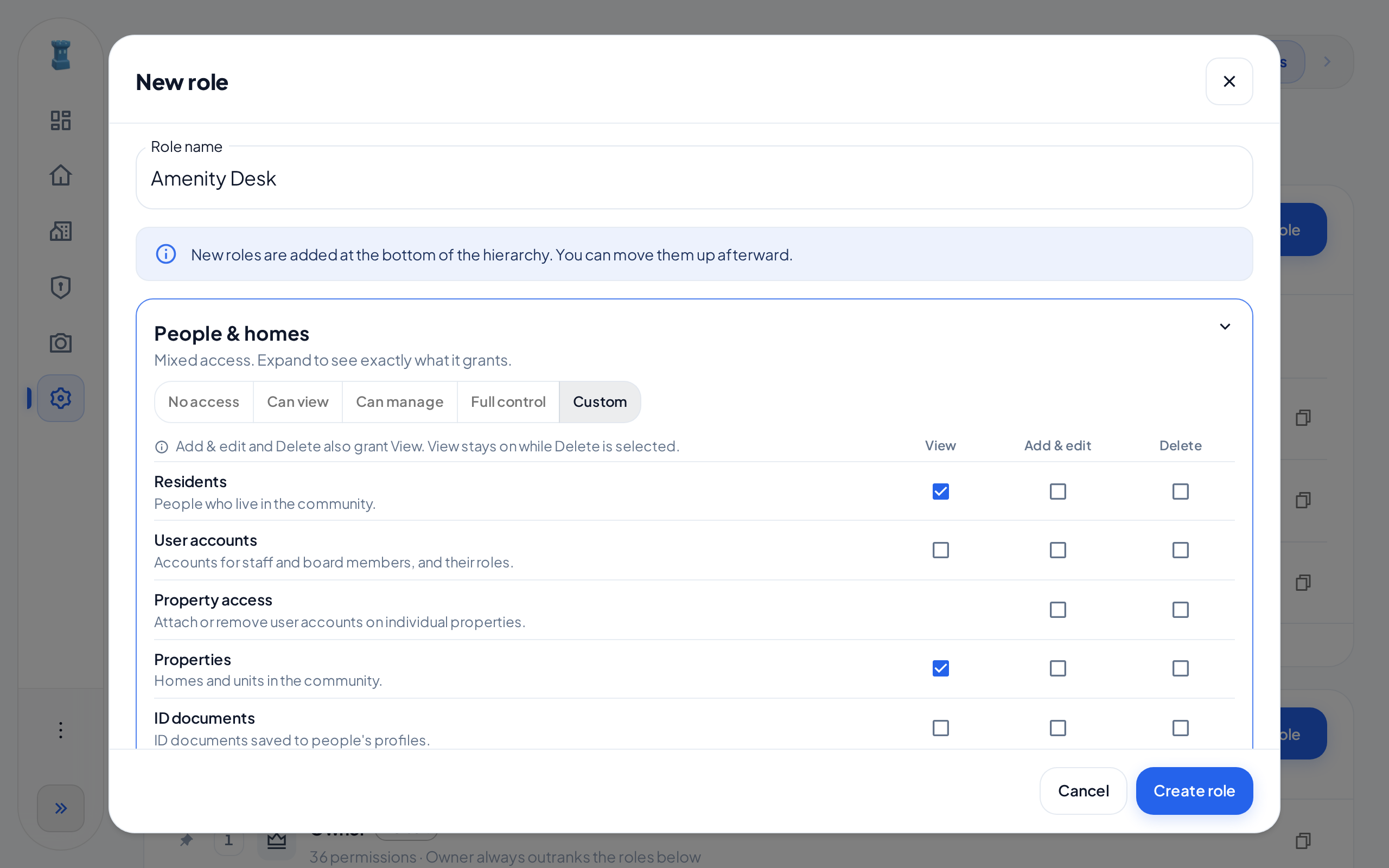 The People & homes card open in the New role dialog. View is selected for Residents and for Properties, so the card shows Custom.