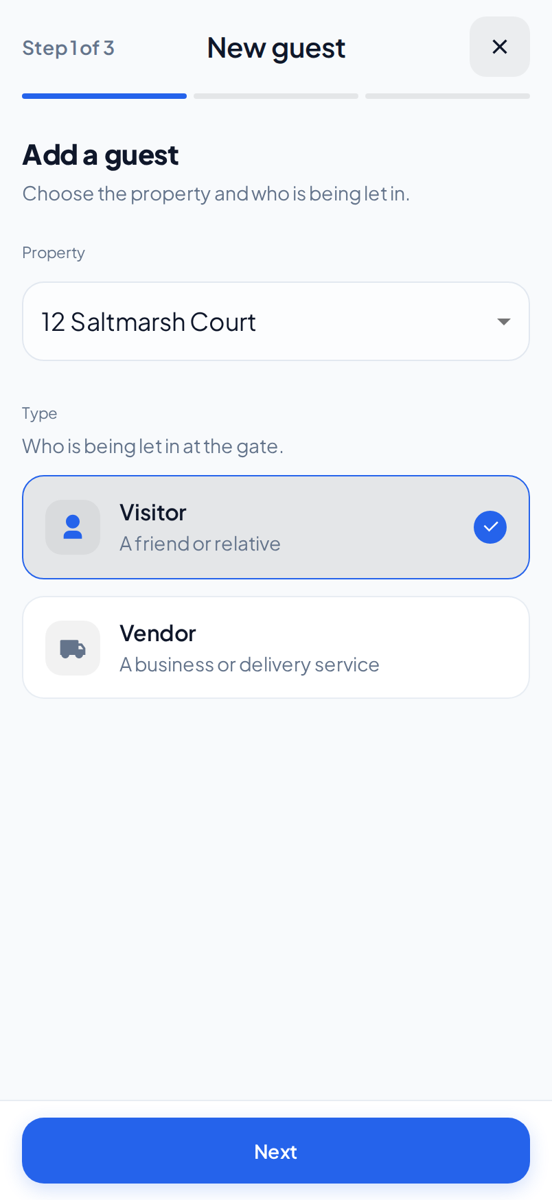 The Add a guest step of the guest wizard on a phone, with the Property field and the Visitor and Vendor cards