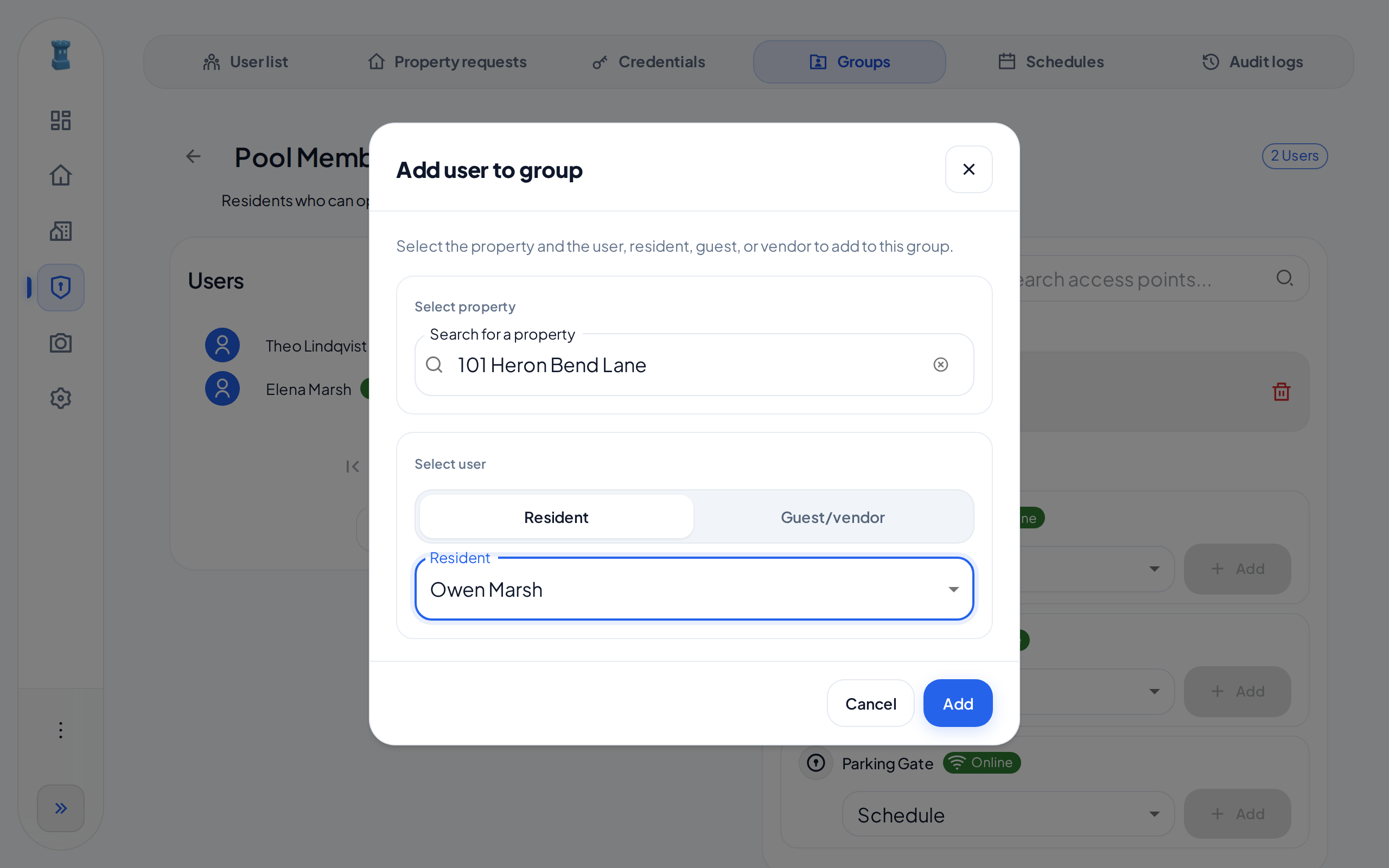 The Add user to group dialog for the Pool Members group. The Select property section shows 101 Heron Bend Lane, and the Select user section shows Resident and Owen Marsh.
