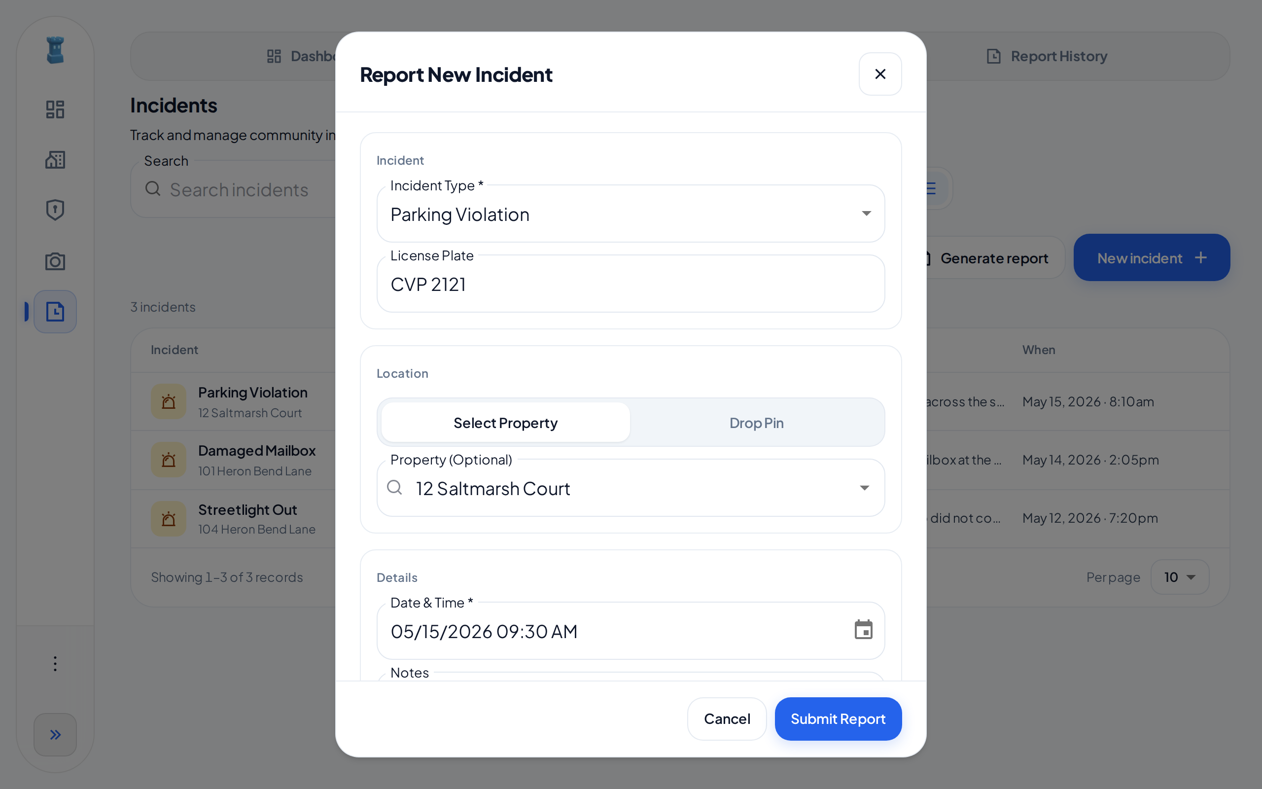 The top of the Report New Incident form: the type Parking Violation and a license plate in the Incident section, and the property 12 Saltmarsh Court in the Location section