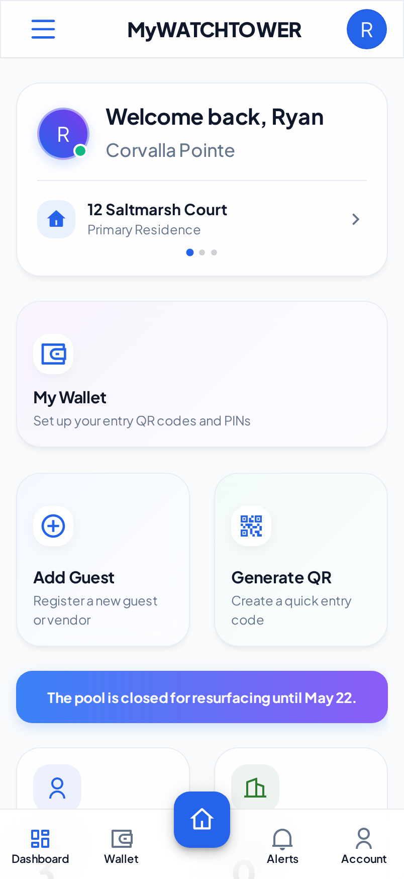 The resident dashboard on a phone. The welcome panel shows the property strip, with the My Wallet tile under it, then the Add Guest and Generate QR tiles and the community message.