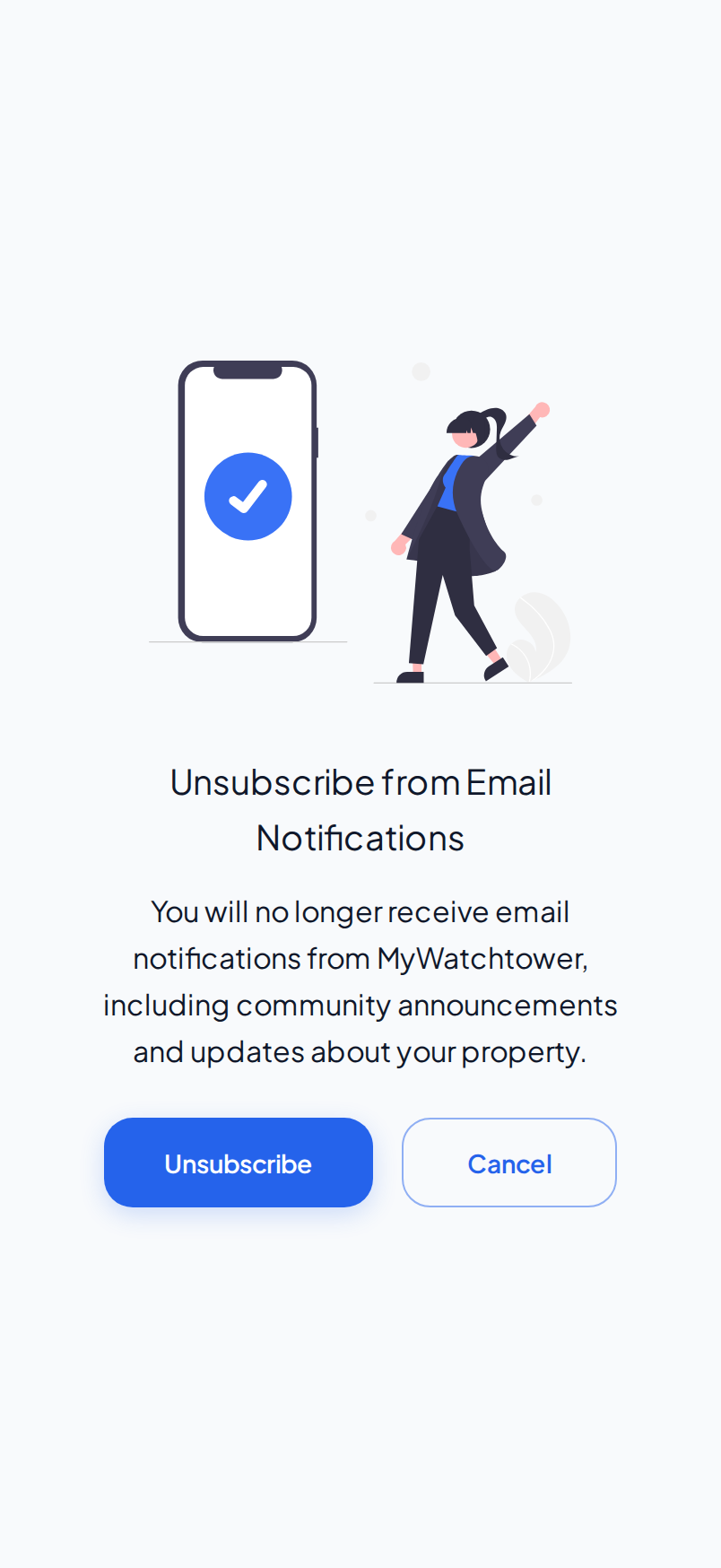 The Unsubscribe from Email Notifications page on a phone, with the Unsubscribe and Cancel buttons