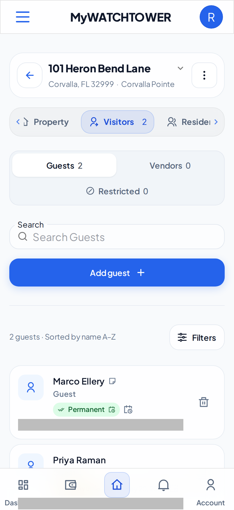 The Visitors tab of 101 Heron Bend Lane on a phone, with Guests selected under Show and the Add guest button
