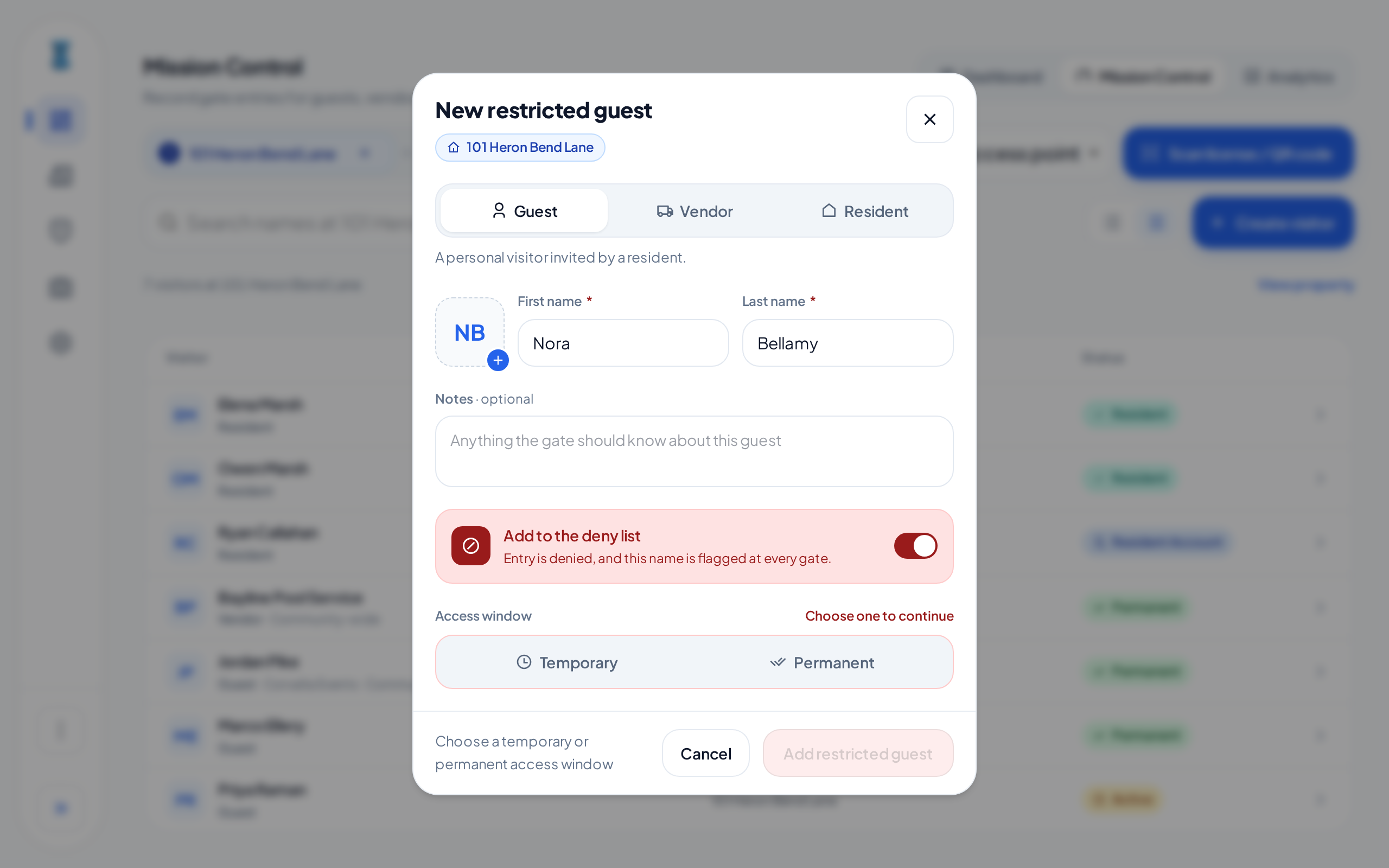 The New restricted guest dialog with Add to the deny list turned on. Choose one to continue shows above the access window, and Add restricted guest is not available.