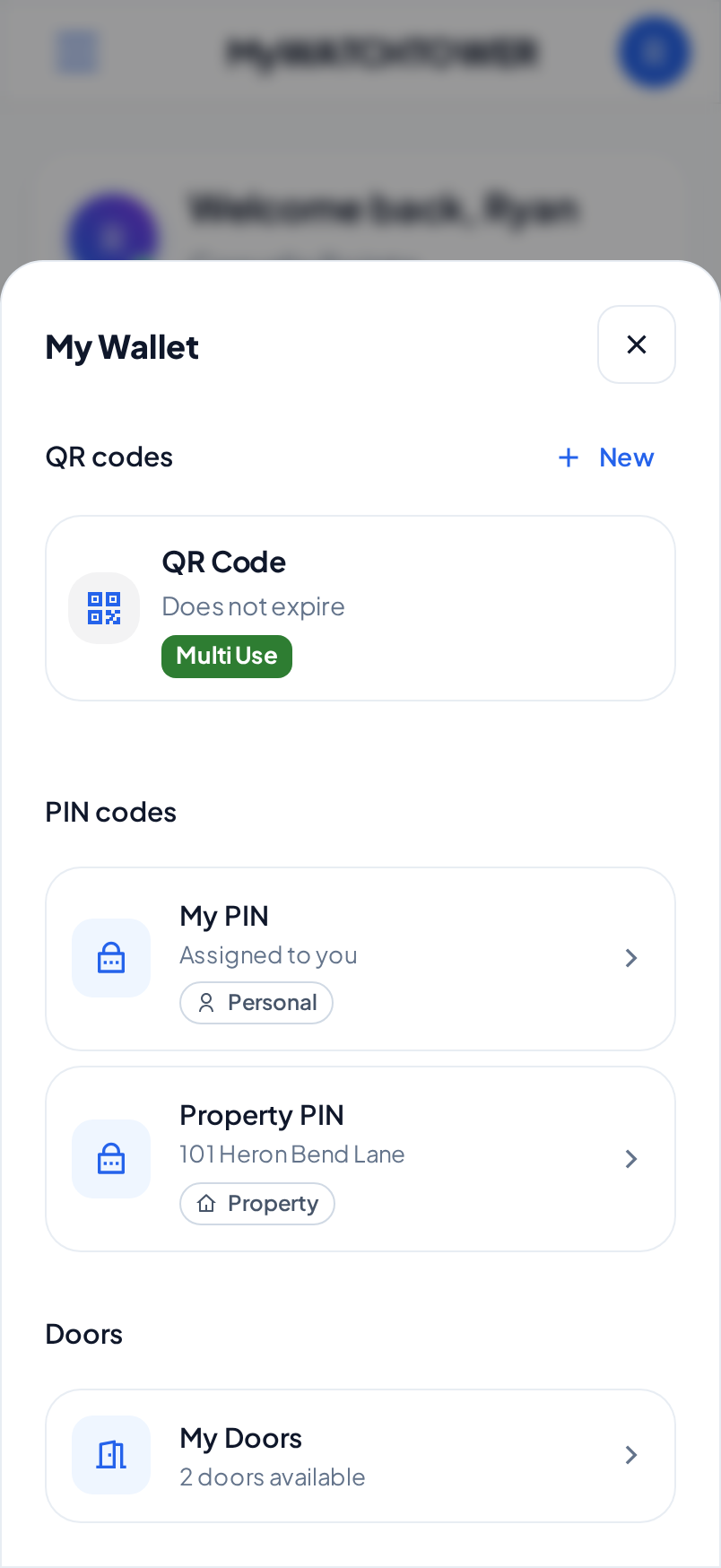 My Wallet on a phone. The QR codes section has a New button and one Multi Use code. The PIN codes section has a My PIN row with the Personal label and a Property PIN row for 101 Heron Bend Lane with the Property label. The Doors section has a My Doors row with 2 doors available.