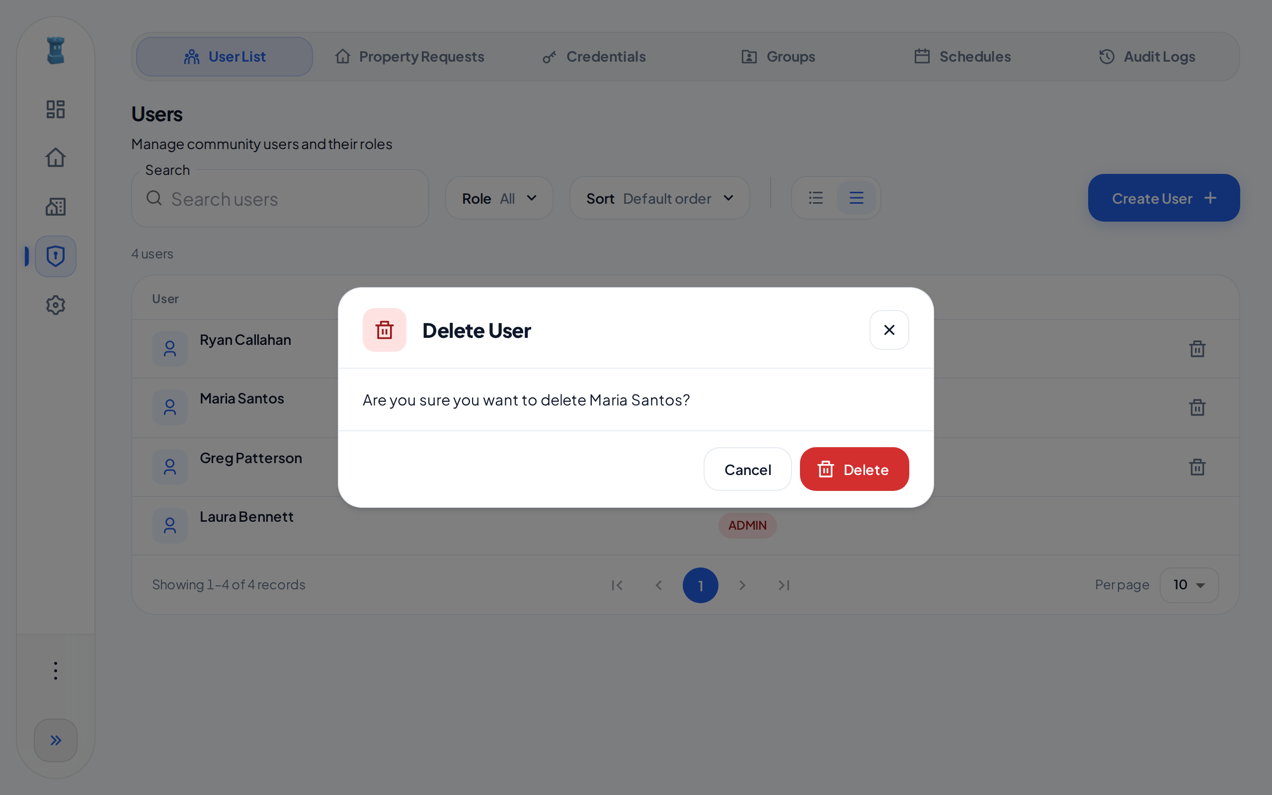 The Delete User dialog, with the Cancel and Delete buttons