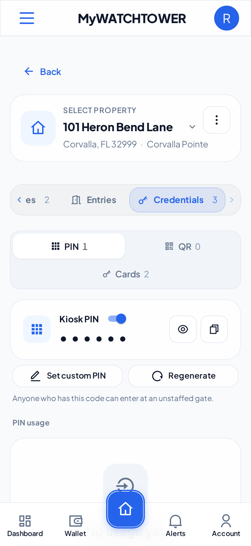 The PIN view of the Credentials tab on a phone. The Kiosk PIN card is on and hides the PIN. The card has the Set custom PIN and Regenerate buttons, and the PIN usage list shows No usage yet.