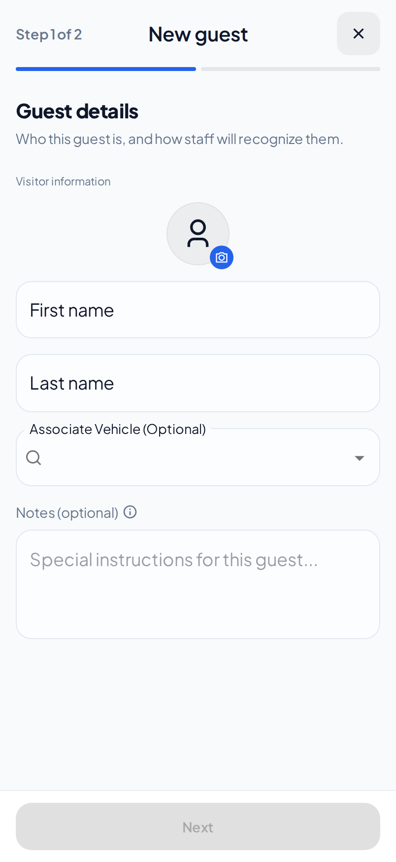 The Guest details step on a phone, with the photo, name, vehicle and notes fields