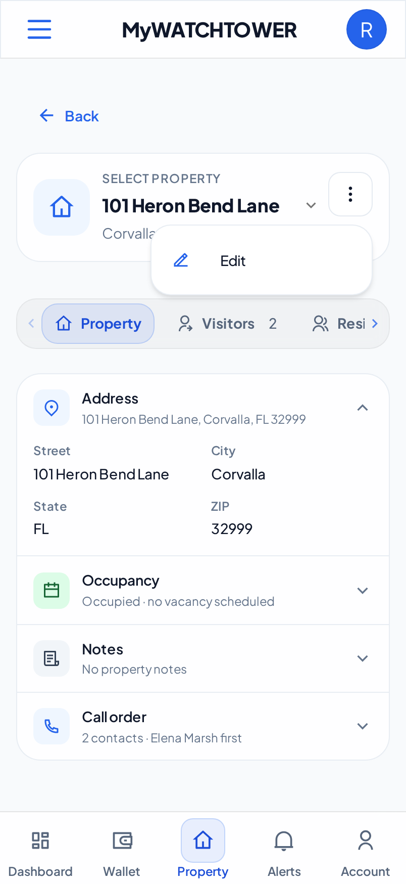 The Property actions menu on a phone, with the Edit item