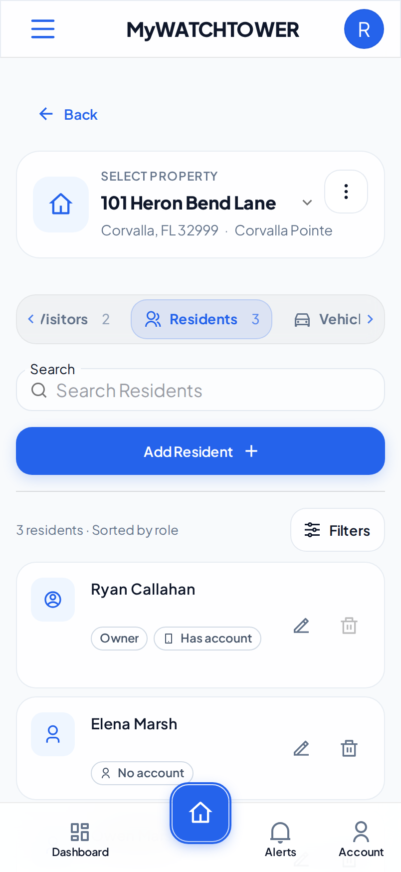 The Residents tab of 101 Heron Bend Lane on a phone, with Search Residents, Add Resident, the Owner row of Ryan Callahan with Has account, and the row of Elena Marsh with No account