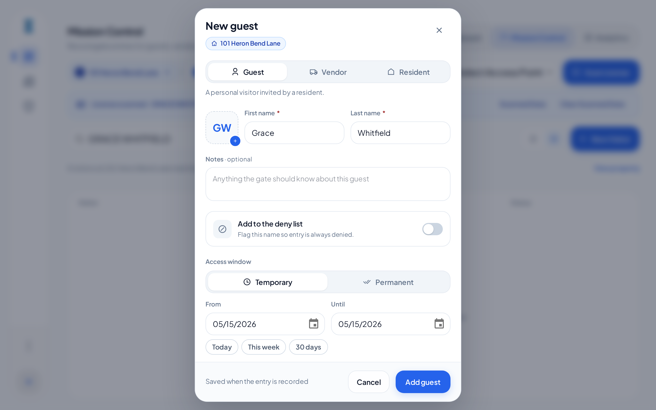 The New guest dialog with the first name and last name from a scanned license